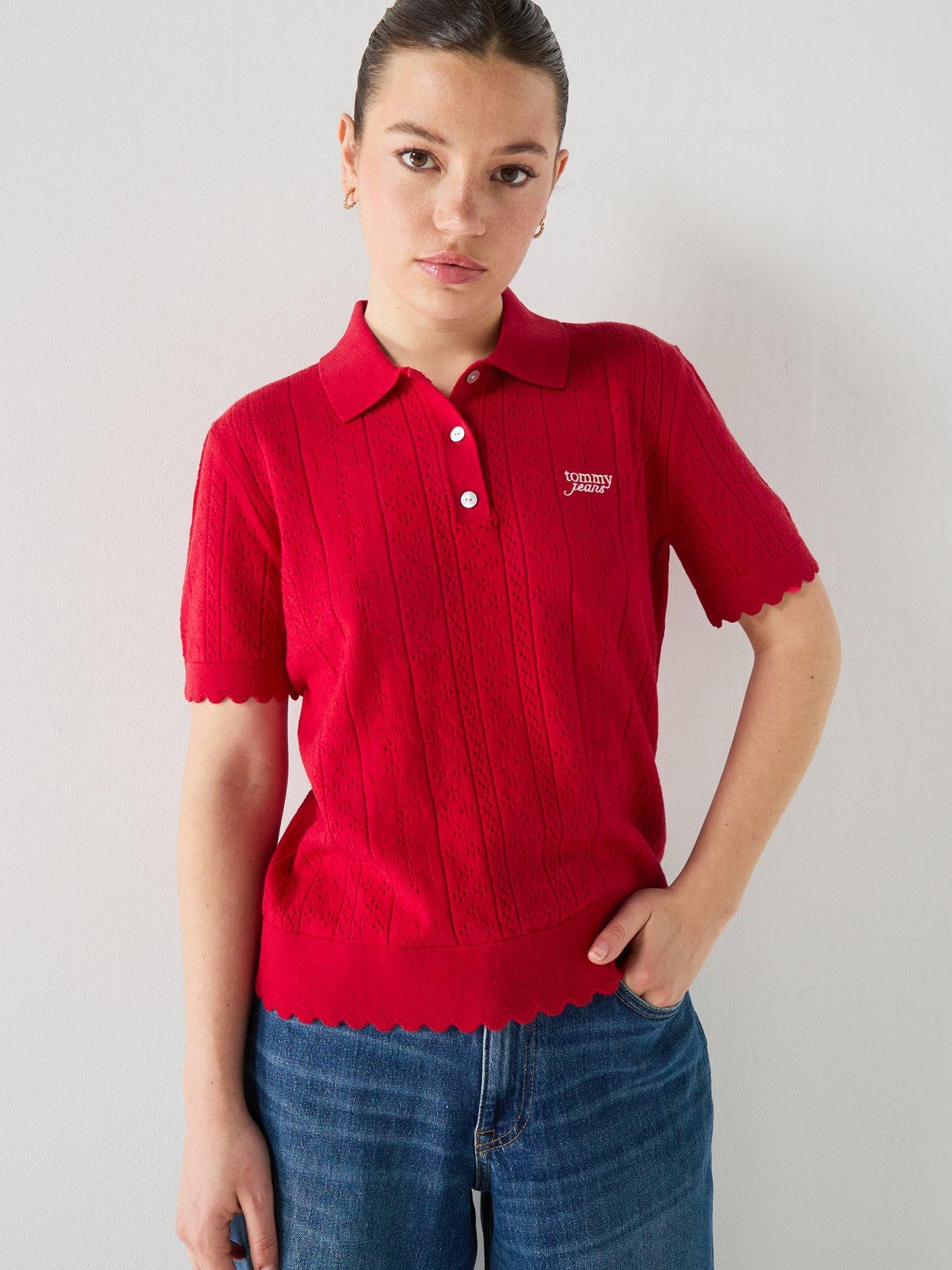 Tommy Jeans Pointelle Flag Short Sleeve Polo Jumper - Amaryllis Red