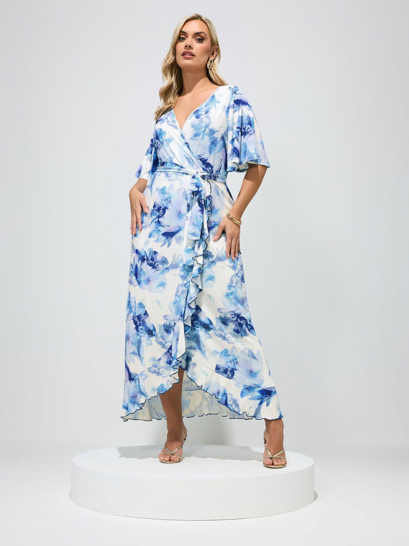 Yours Curve Floral Wrap Ruffle Dress - White