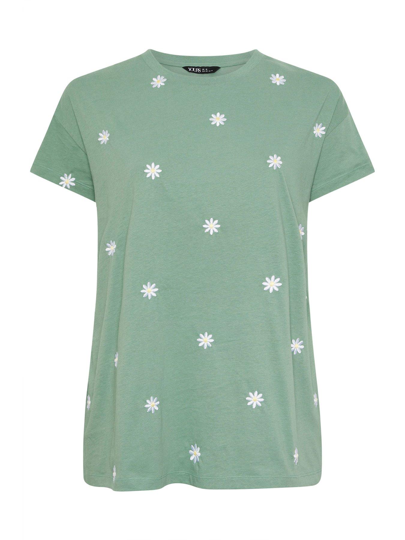 Image 5 of 5 of Yours Curve Embroidery Daisy T-Shirt - Green