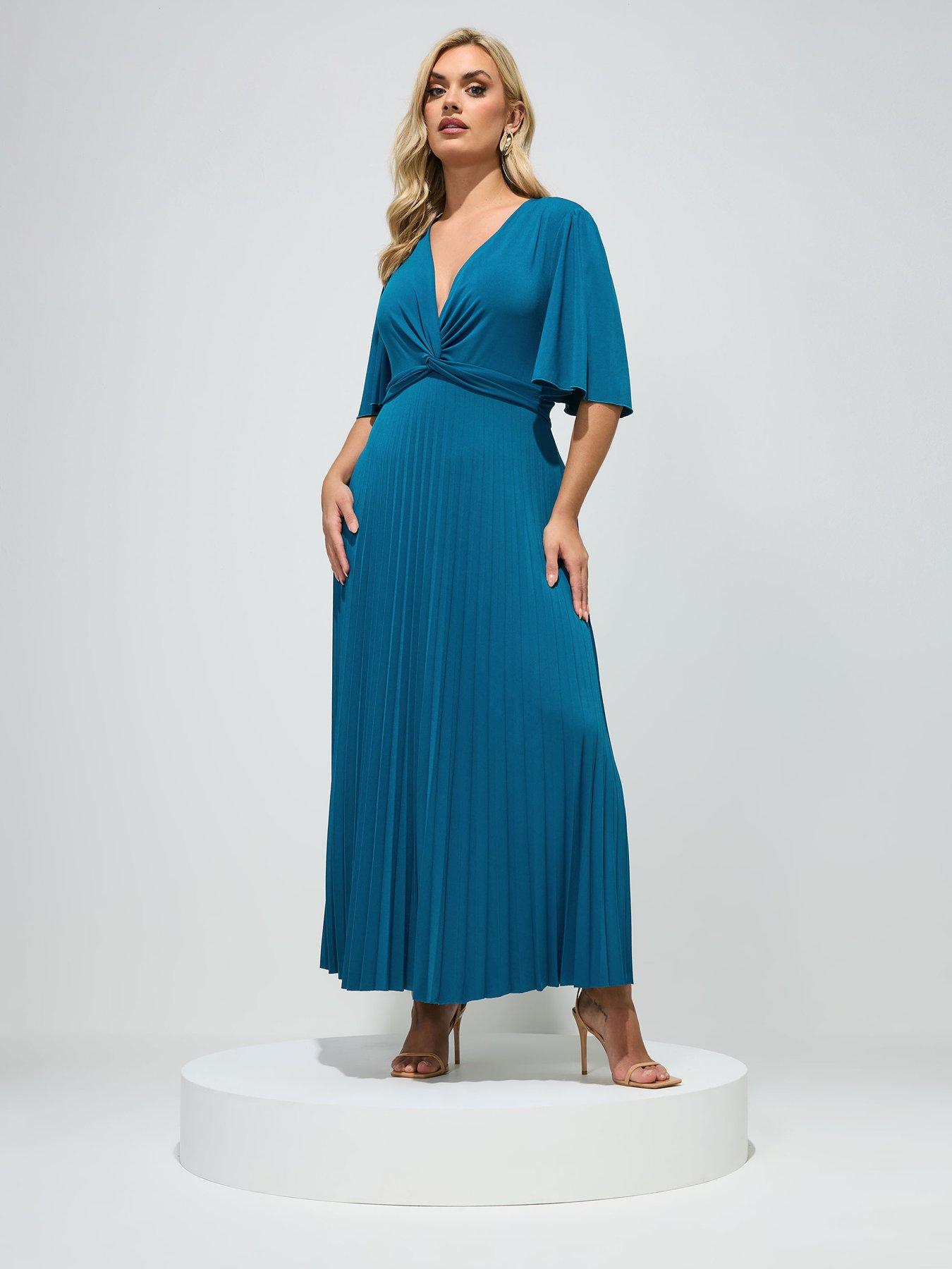 Yours Curve Pleated Knot Angel Sleeve Maxi Dress - Blue