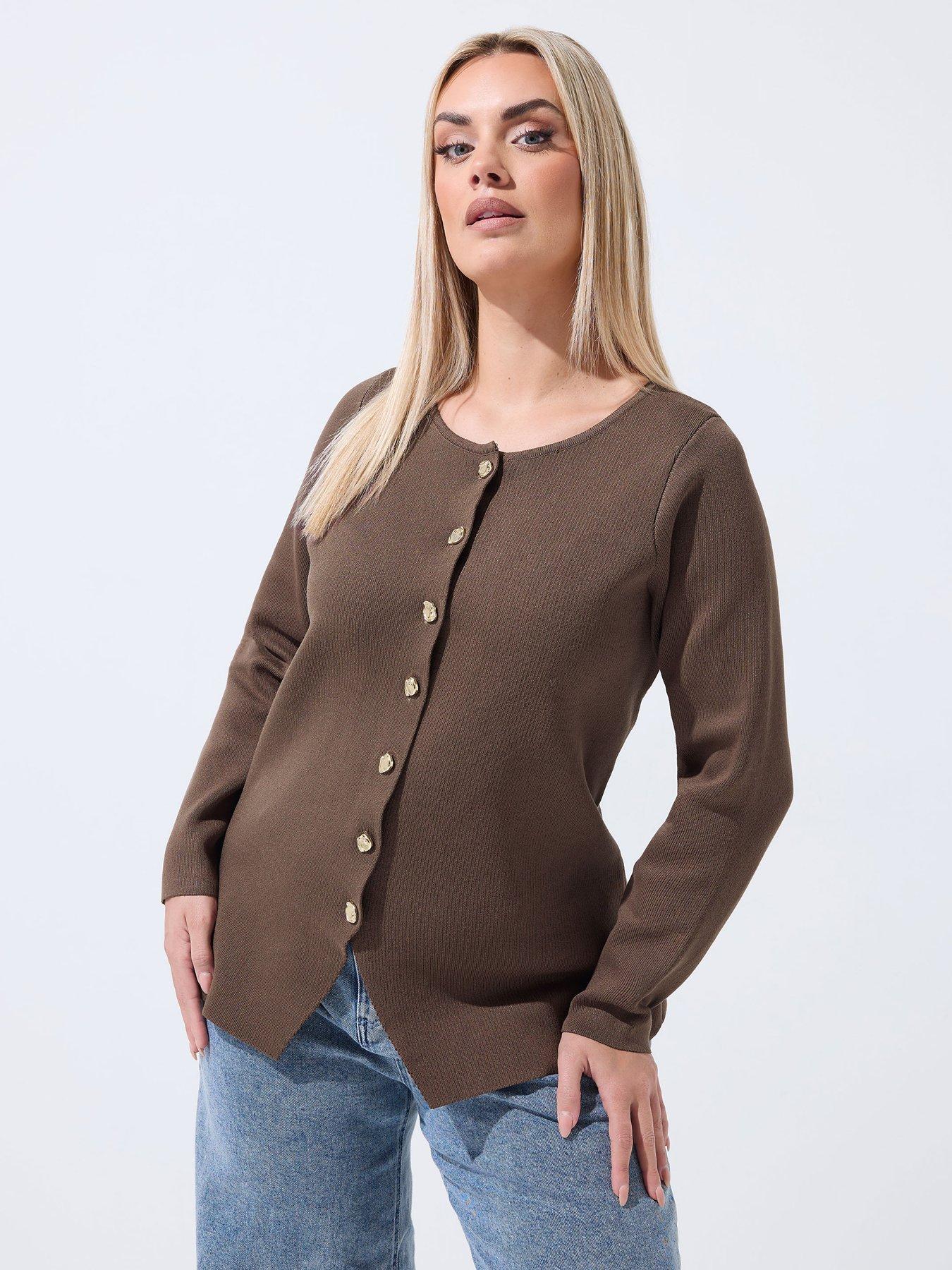 yours-curve-long-sleeve-button-knit-top-brownfront
