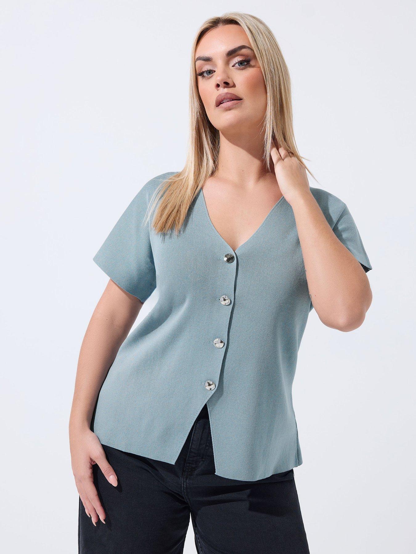 yours-curve-double-button-knit-top-bluefront