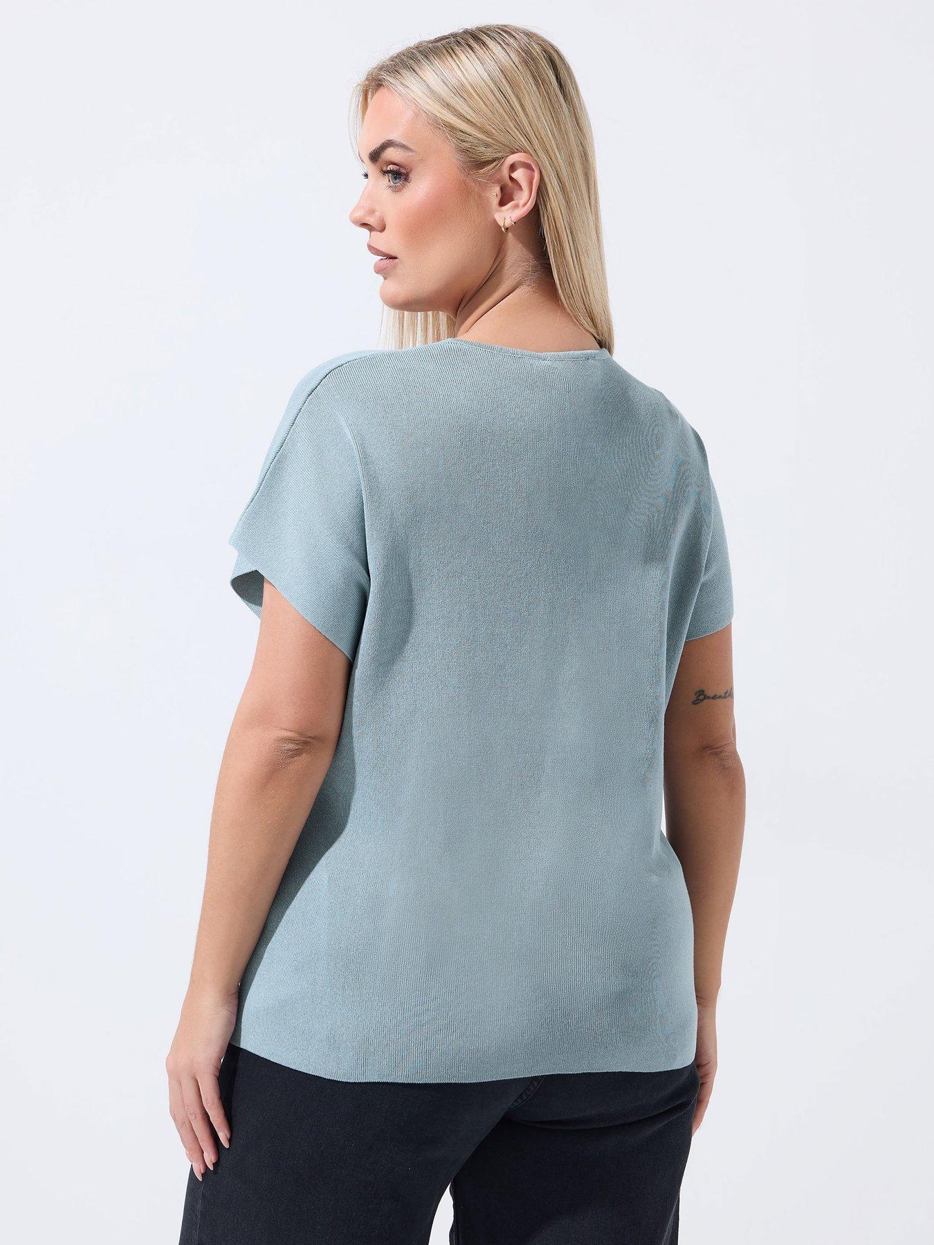 yours-curve-double-button-knit-top-bluestillFront