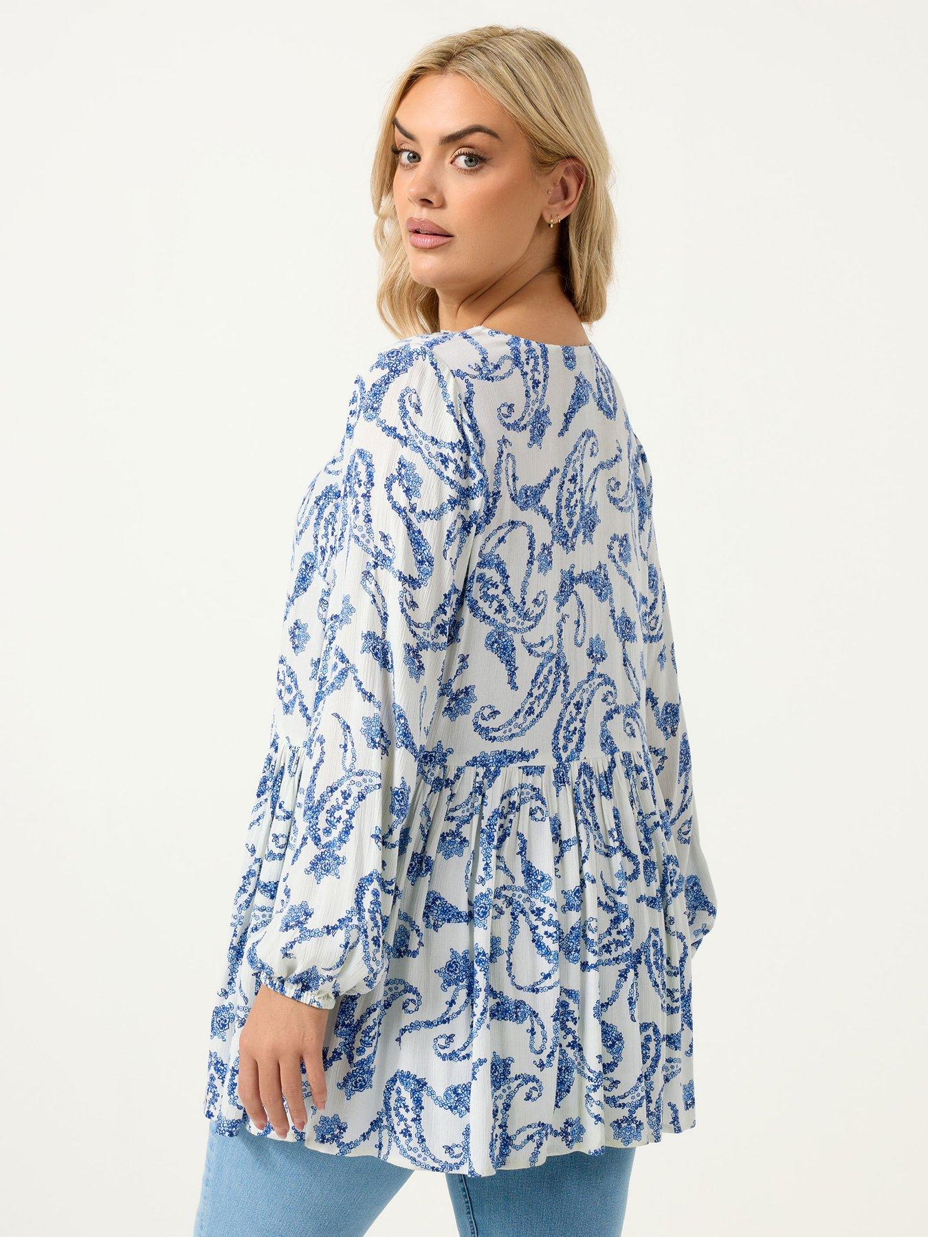 yours-curve-ruffle-placket-gypsy-blouse-bluestillFront