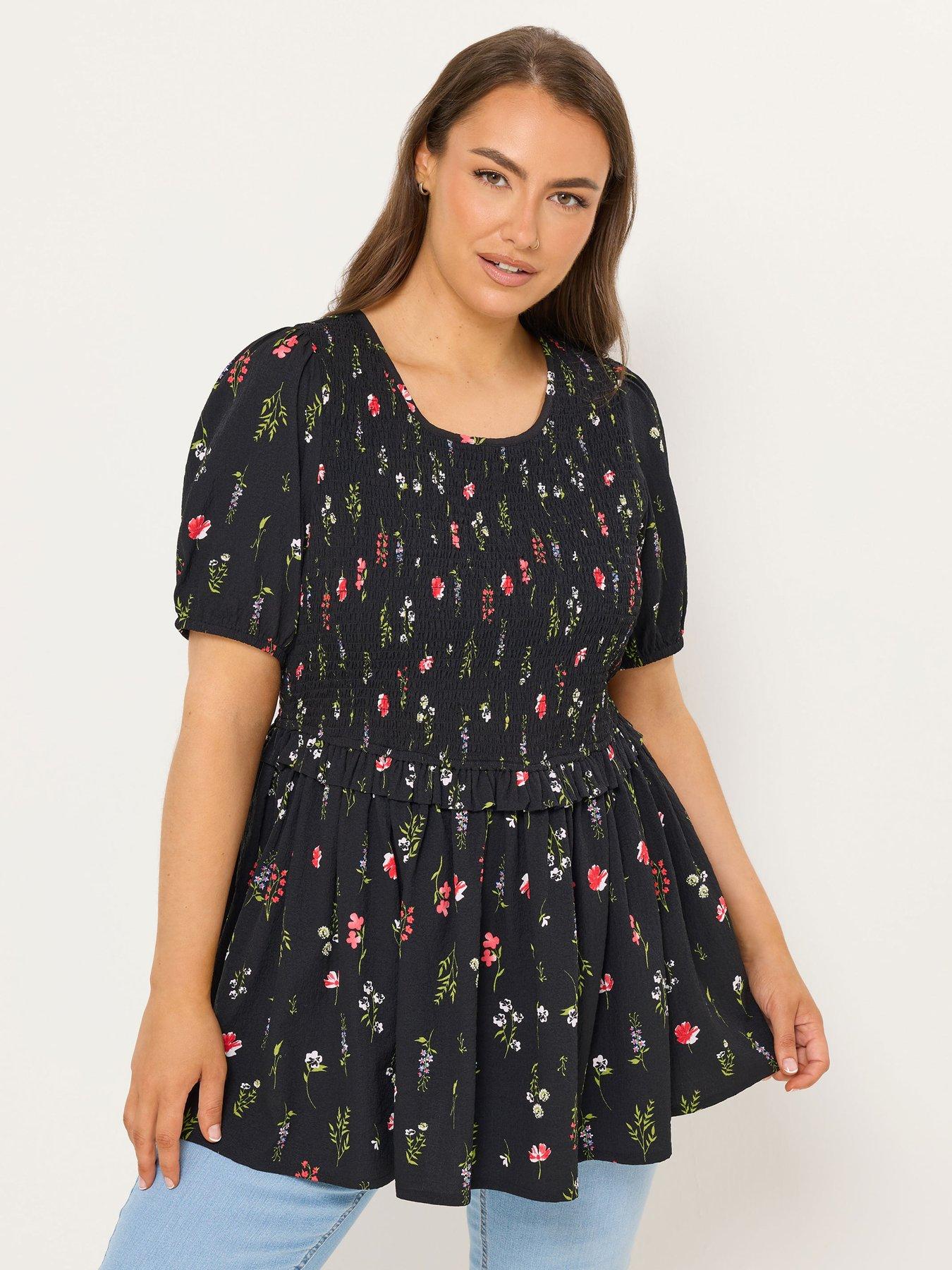 yours-curve-textured-shirred-peplum-top-blackfront