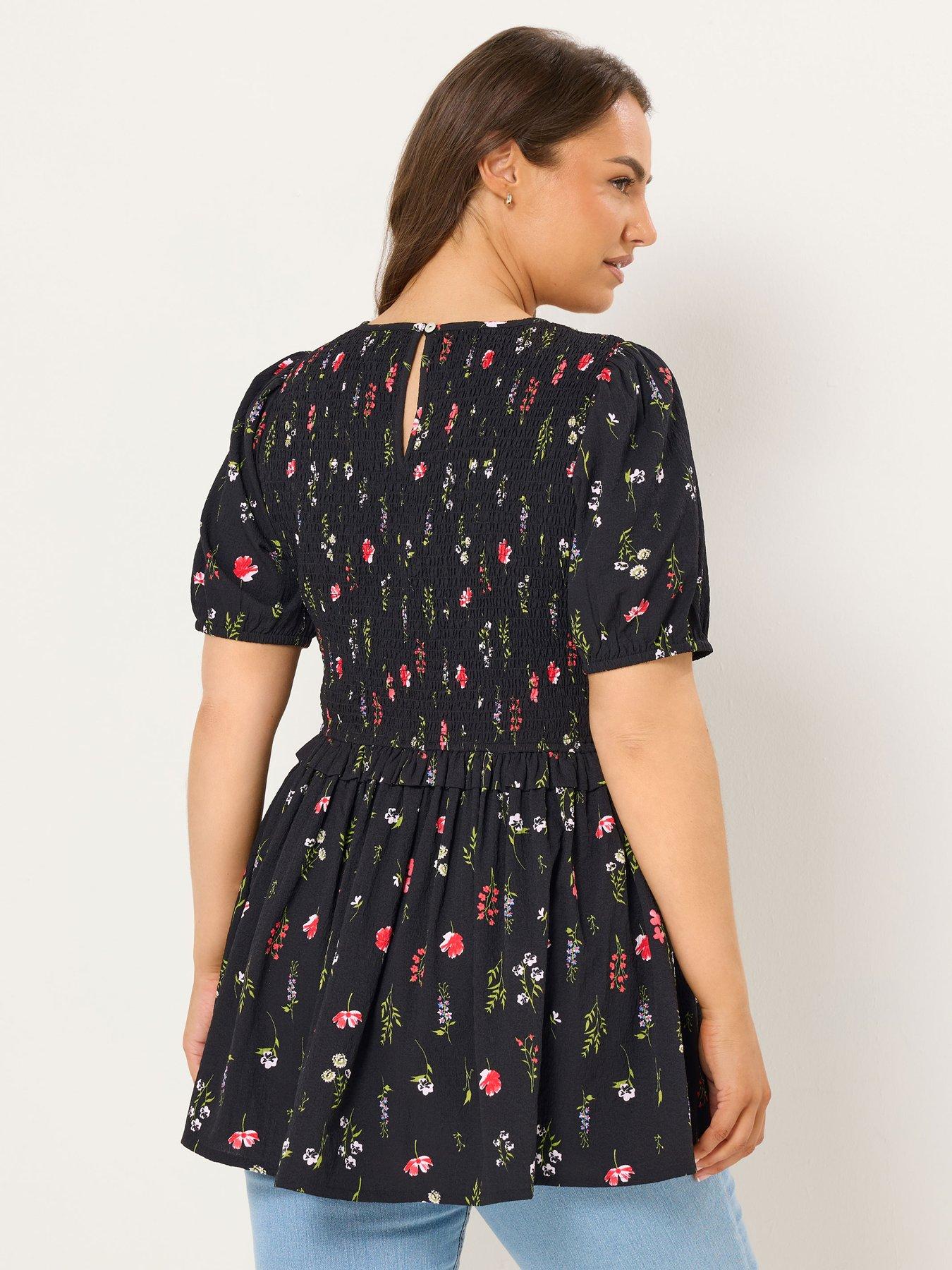 yours-curve-textured-shirred-peplum-top-blackstillFront