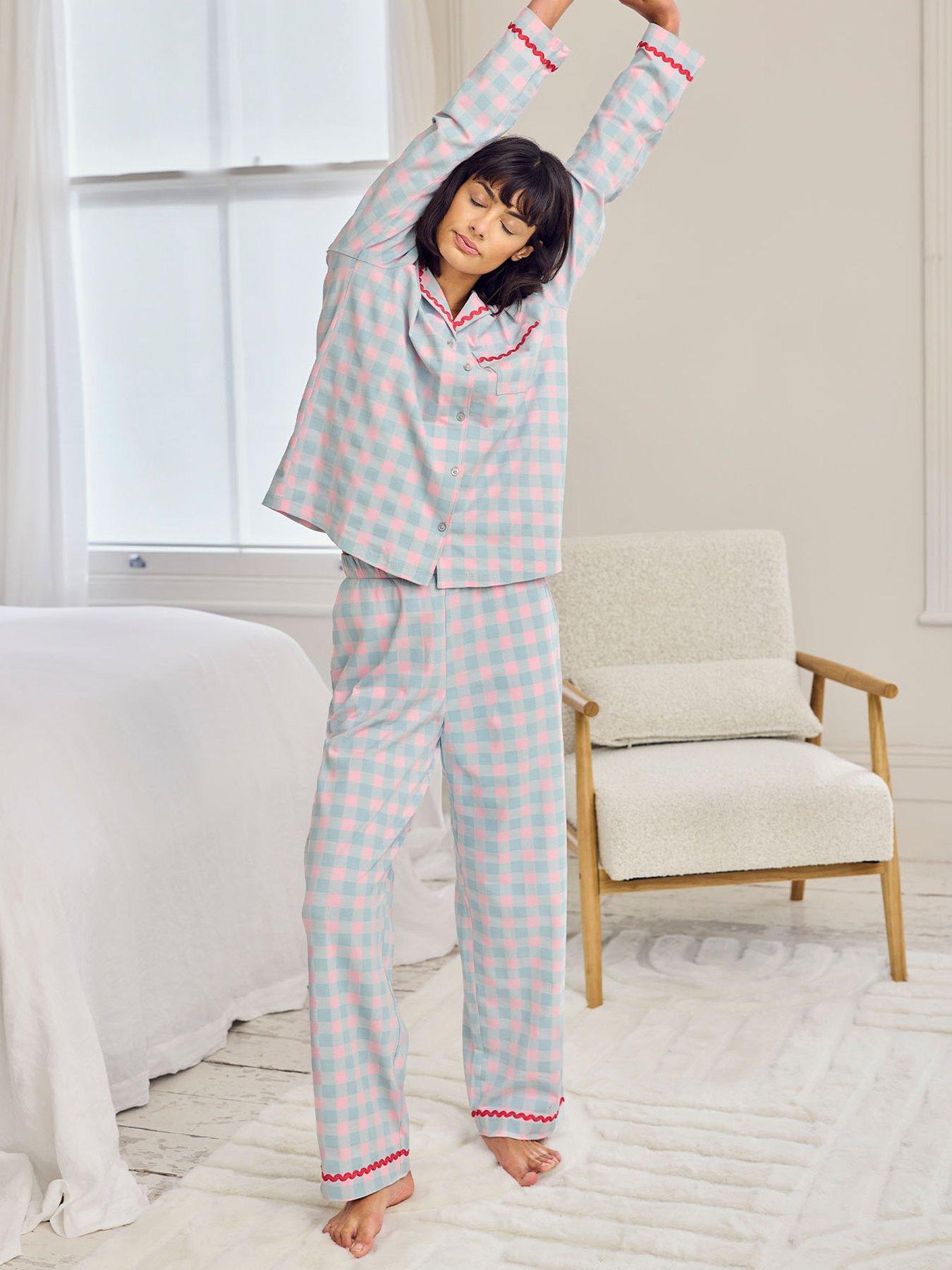 Image 3 of 6 of CHELSEA PEERS Embroidered Back Do Not Disturb Check Long Pyjama Set - Blue