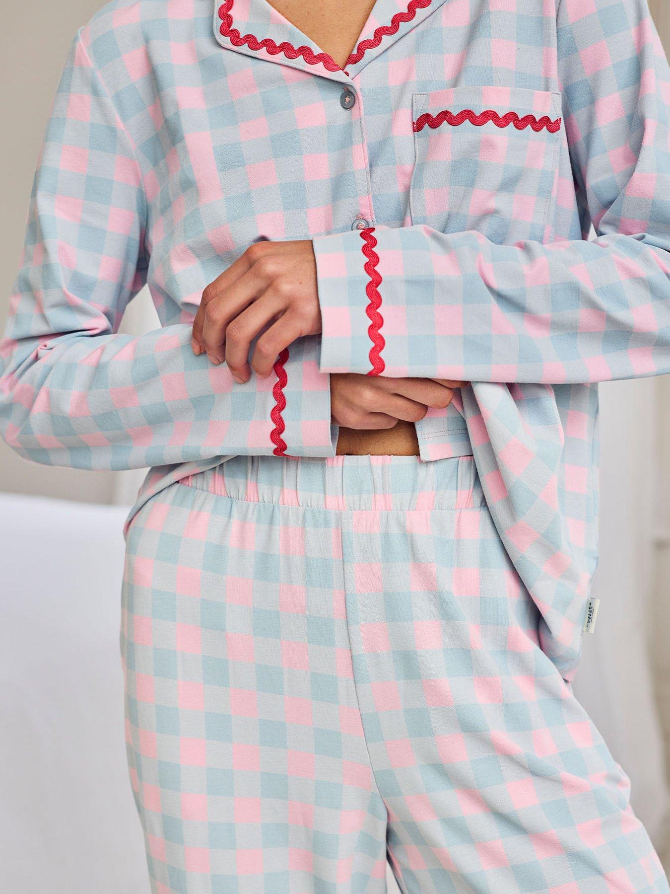 Image 4 of 6 of CHELSEA PEERS Embroidered Back Do Not Disturb Check Long Pyjama Set - Blue