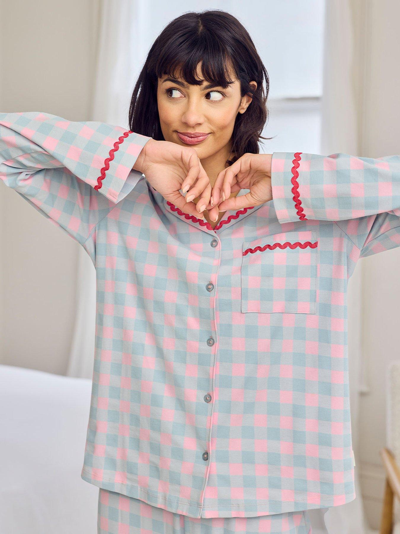 Image 5 of 6 of CHELSEA PEERS Embroidered Back Do Not Disturb Check Long Pyjama Set - Blue