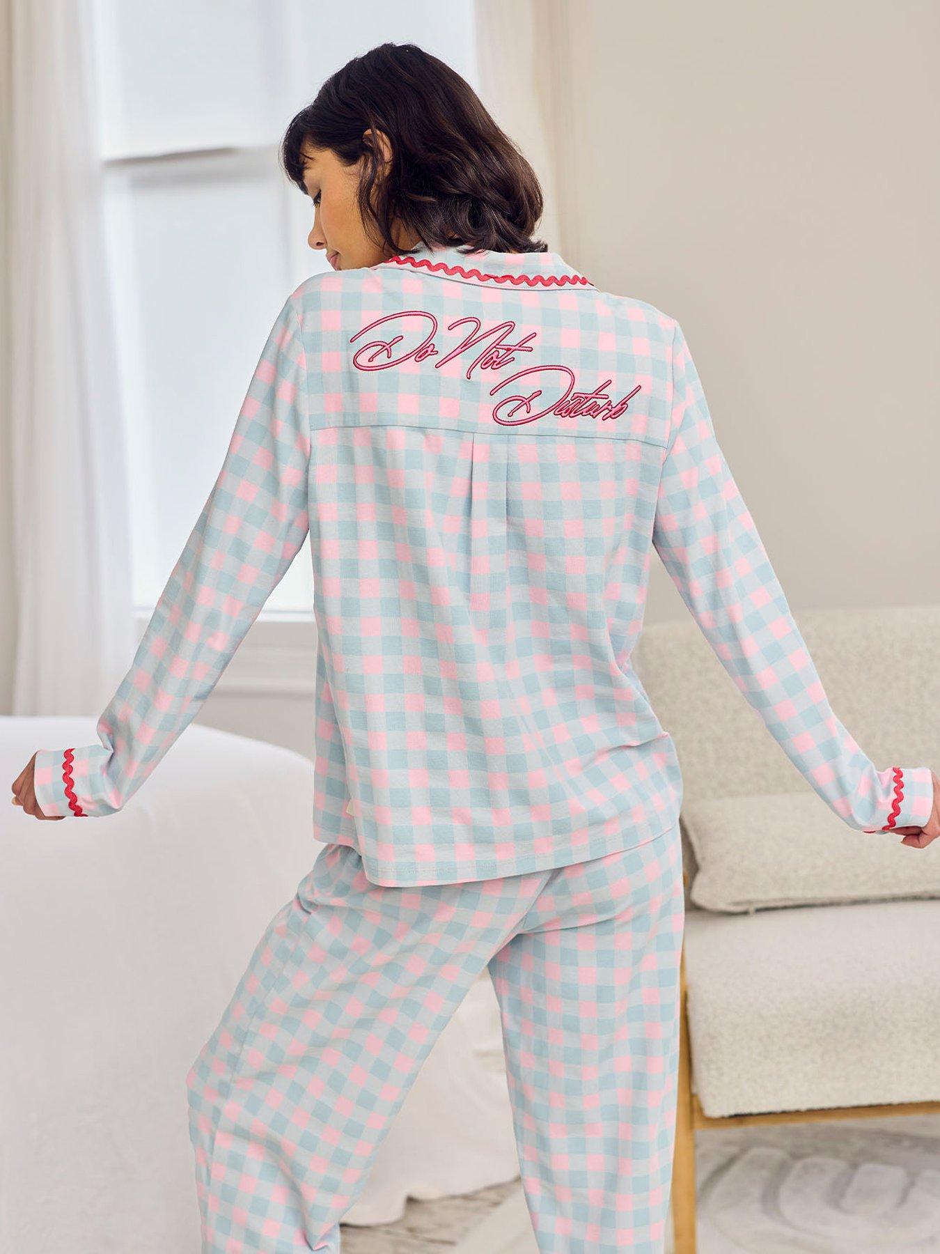 Image 6 of 6 of CHELSEA PEERS Embroidered Back Do Not Disturb Check Long Pyjama Set - Blue