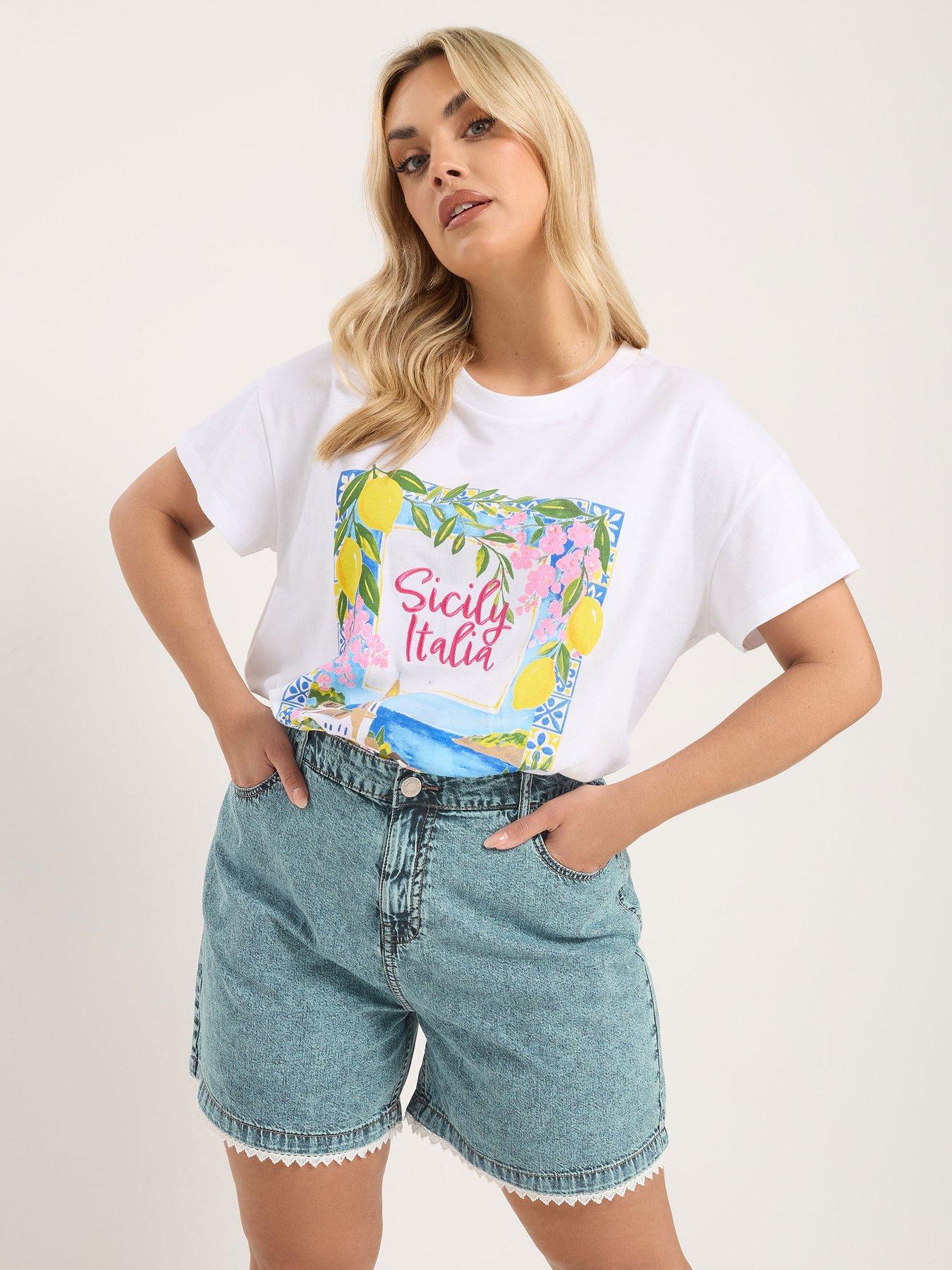 Yours Curve Scallop Lace Edge Denim Short - Blue