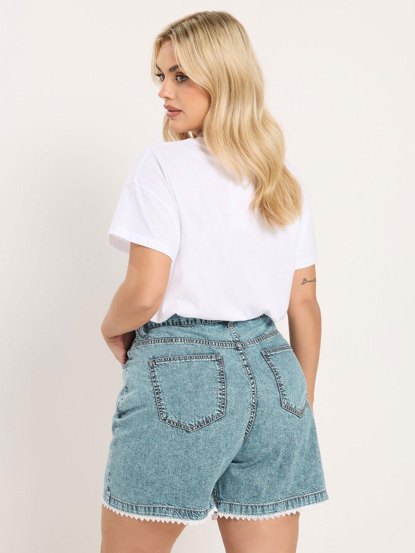 Image 2 of 5 of Yours Curve Scallop Lace Edge Denim Short
