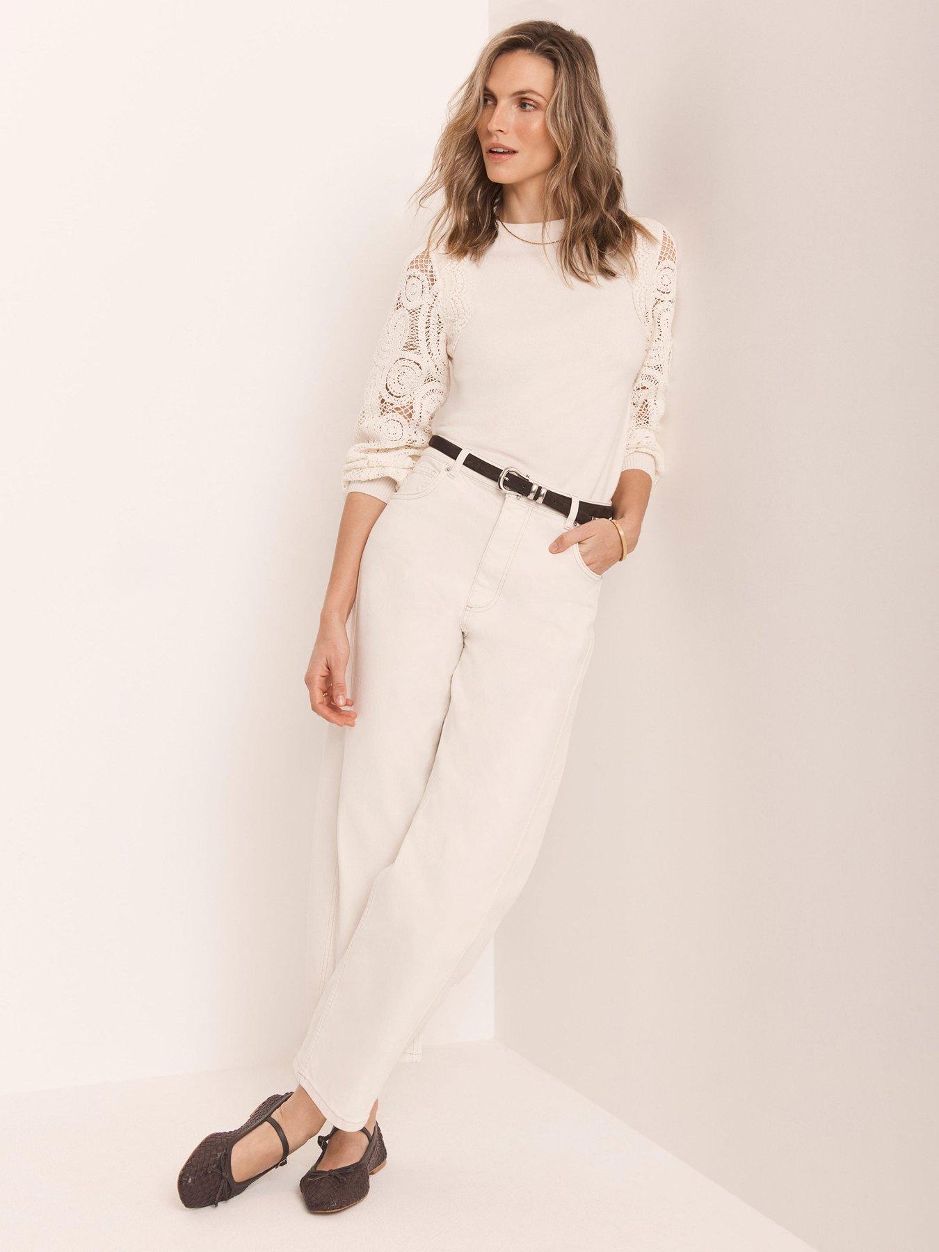 Image 3 of 6 of Mint Velvet Ivory Crochet Sleeve Jumper - White