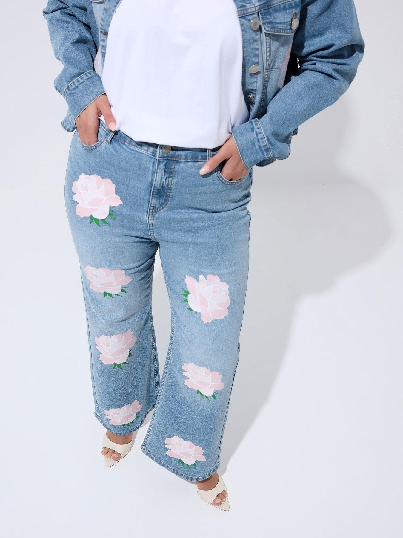 Yours Curve Rose Printed Jean - Blue