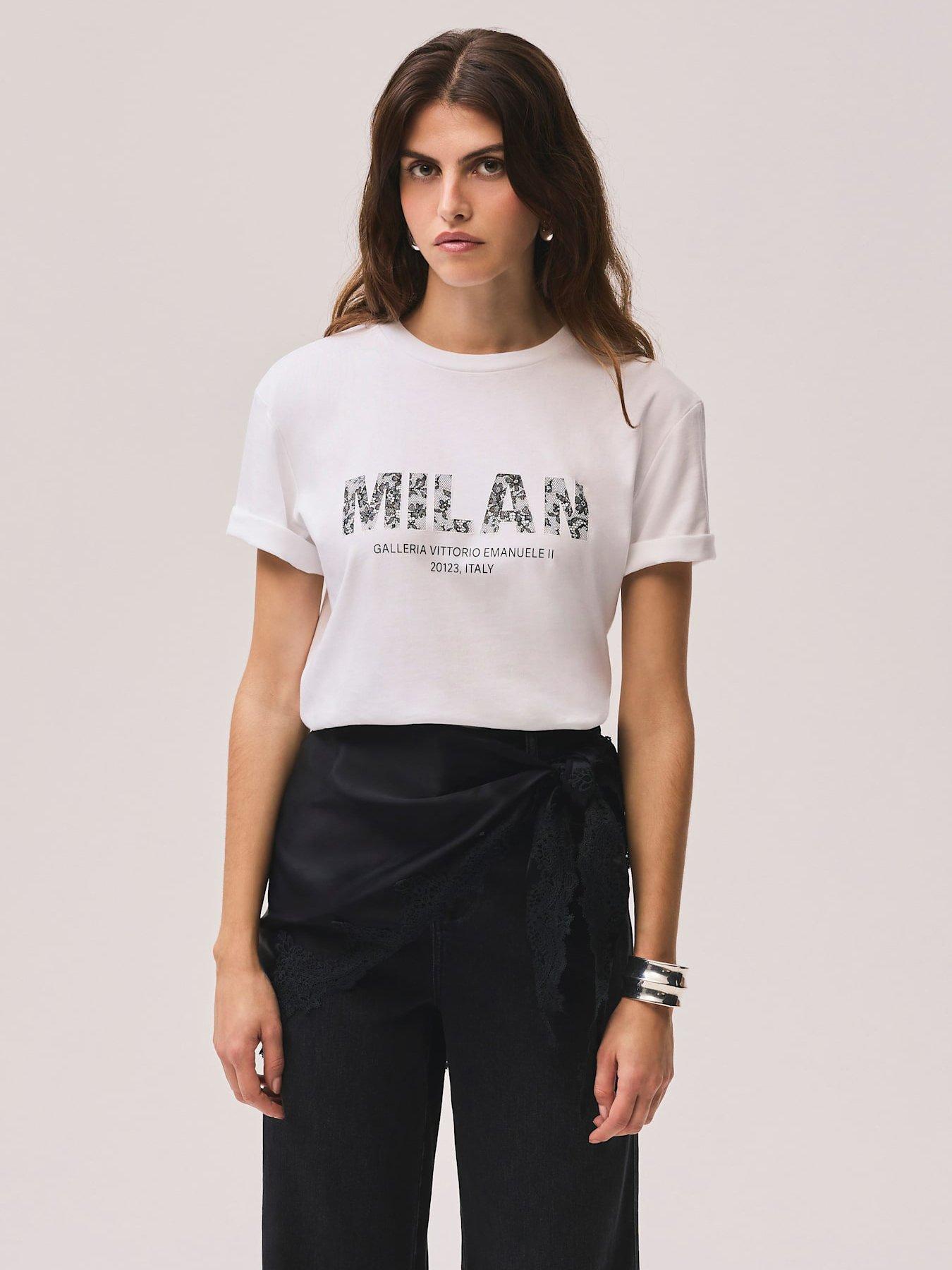 Image 1 of 6 of Mint Velvet Lace Milan Graphic T-Shirt - White