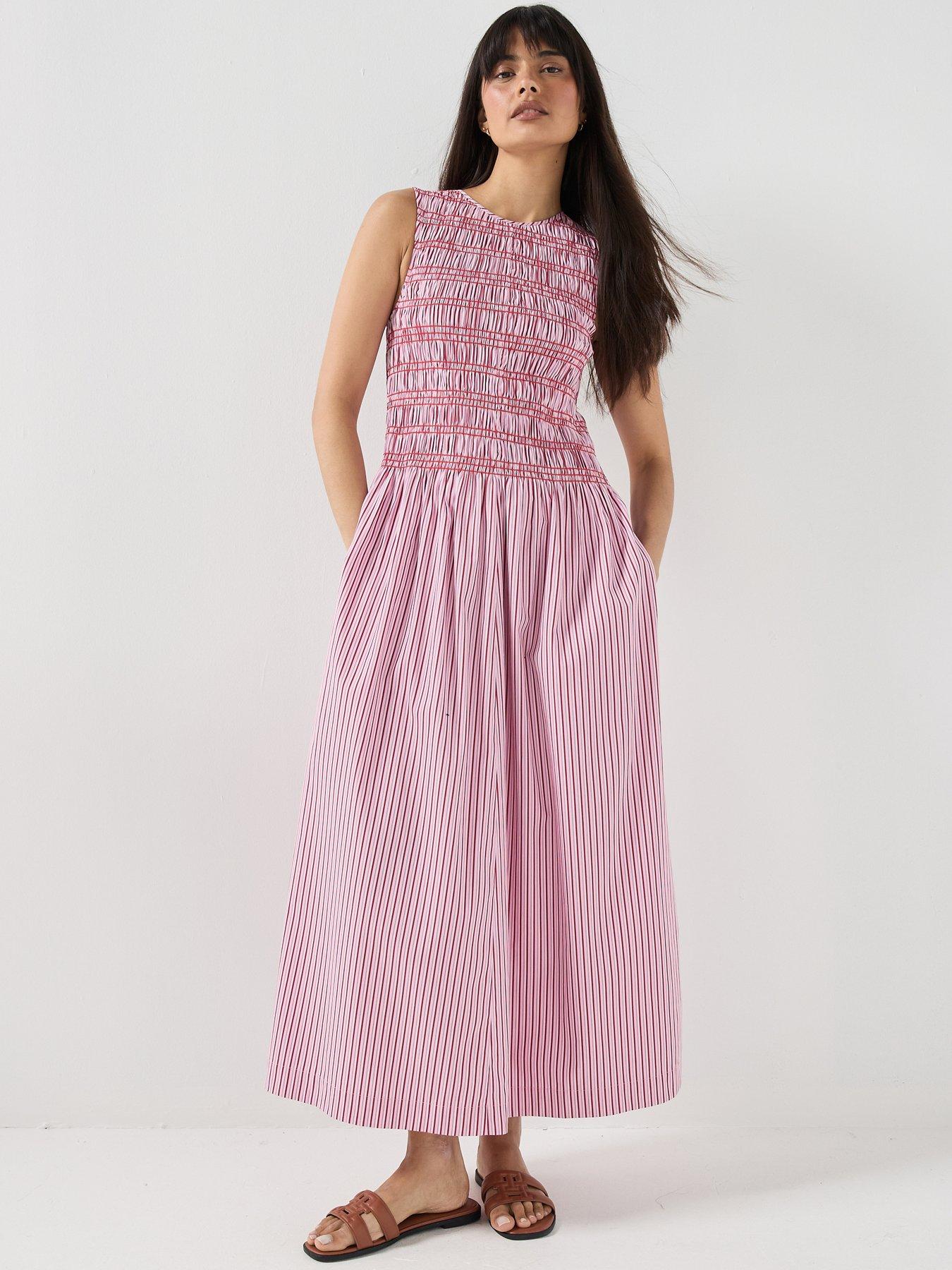 Image 1 of 6 of Tommy Hilfiger Smocking Stripe Maxi Dress - Pink