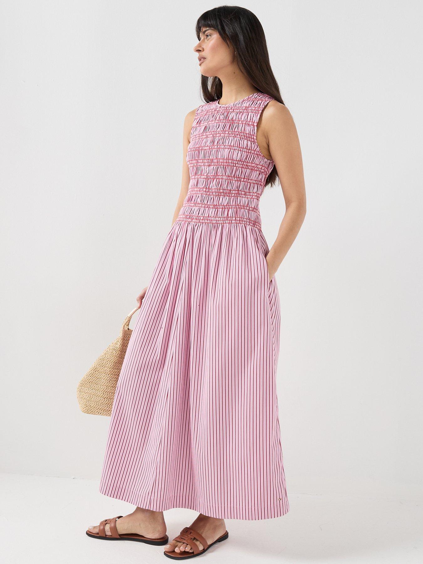 Image 3 of 6 of Tommy Hilfiger Smocking Stripe Maxi Dress - Pink
