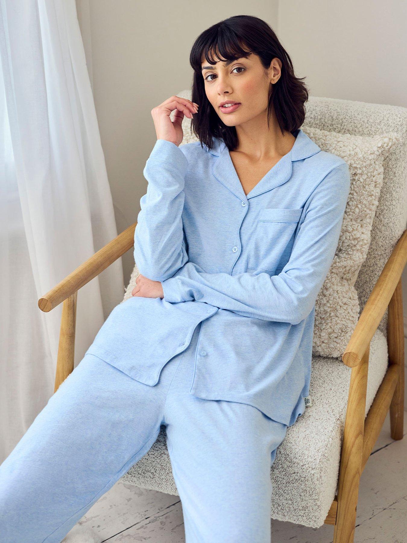 Image 3 of 5 of CHELSEA PEERS Cotton Scallop Edge Long Pyjama Set - Blue