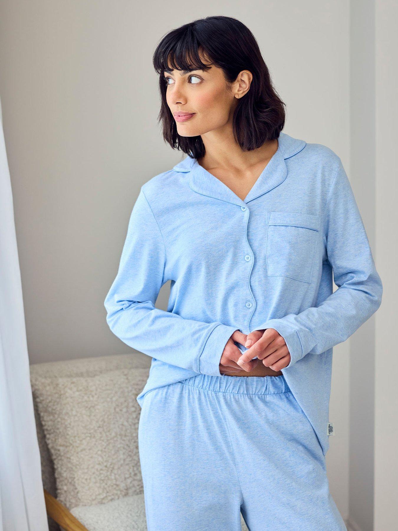 Image 4 of 5 of CHELSEA PEERS Cotton Scallop Edge Long Pyjama Set - Blue
