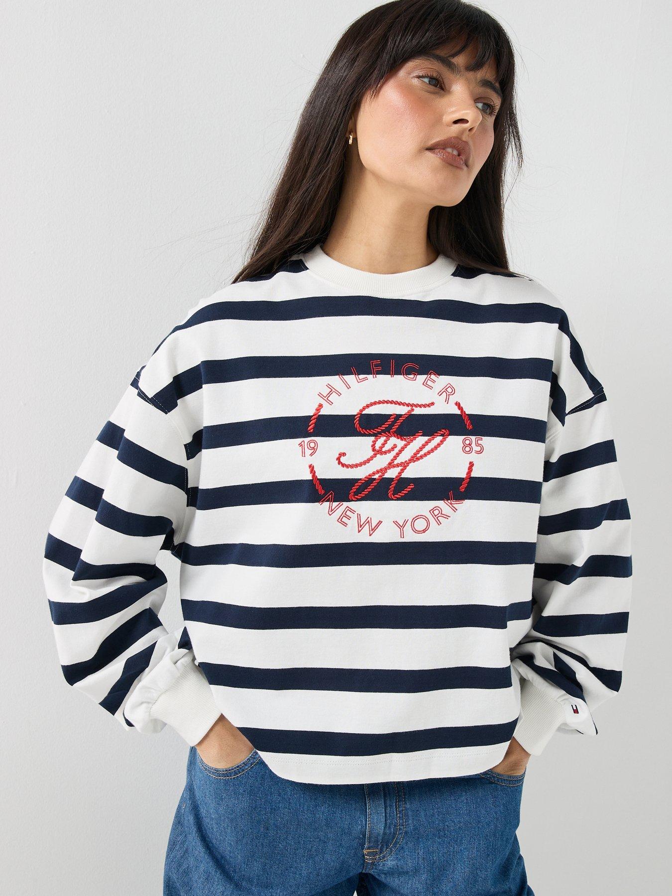 Image 1 of 4 of Tommy Hilfiger Logo Relaxed Crew Neck Sweatshirt - Wide Stripe Ecru/Dark Night Navy