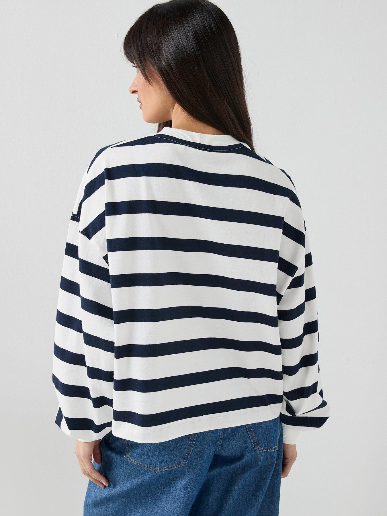 Image 2 of 4 of Tommy Hilfiger Logo Relaxed Crew Neck Sweatshirt - Wide Stripe Ecru/Dark Night Navy