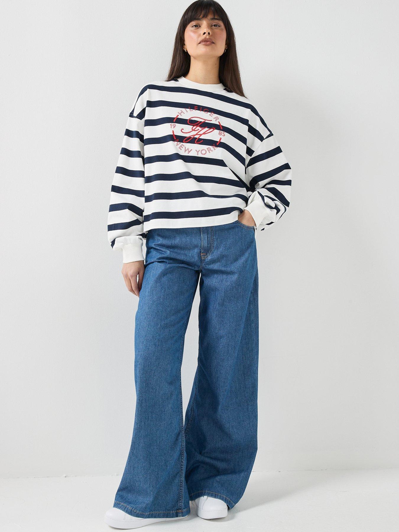 Image 3 of 4 of Tommy Hilfiger Logo Relaxed Crew Neck Sweatshirt - Wide Stripe Ecru/Dark Night Navy