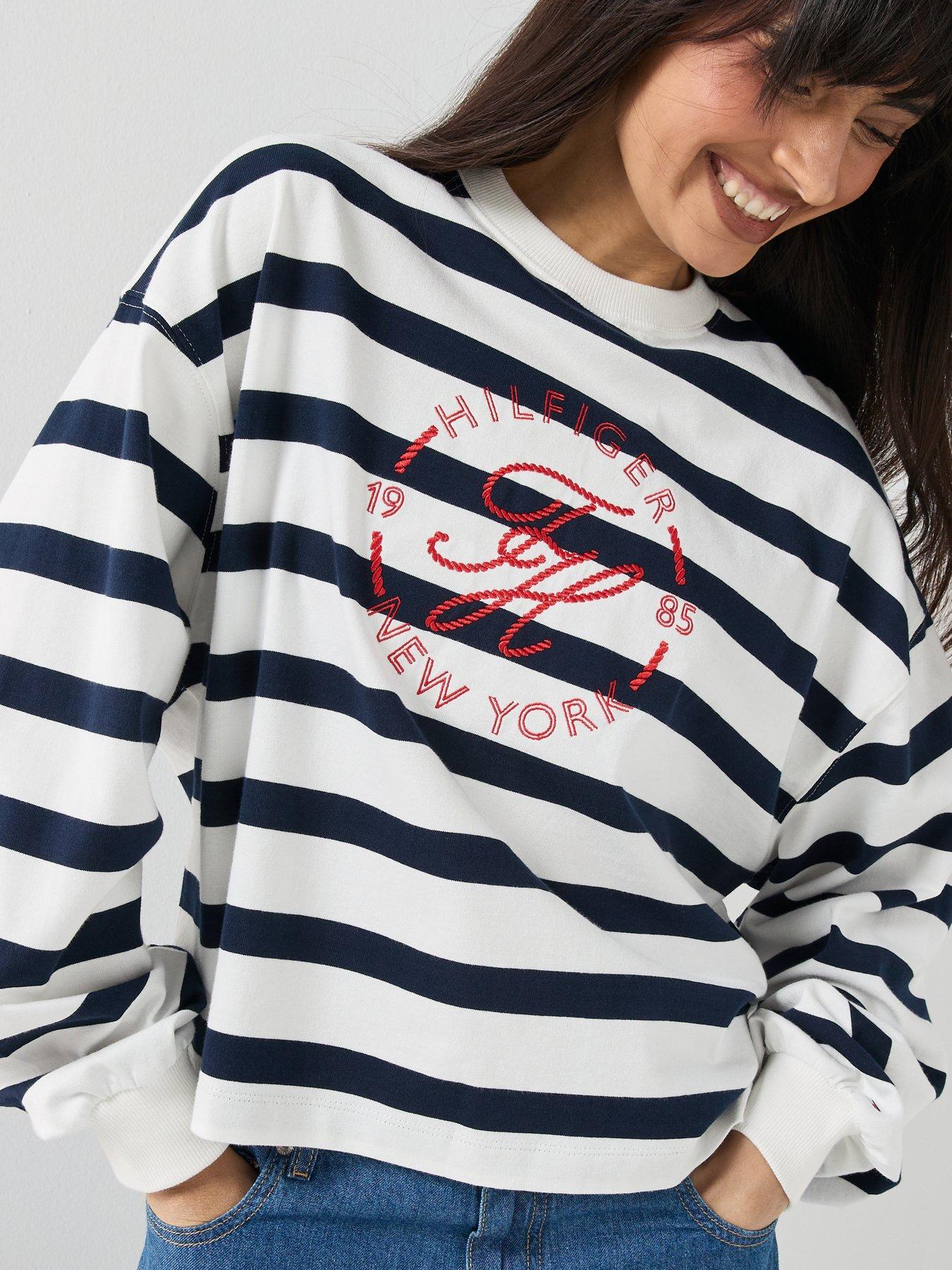 Image 4 of 4 of Tommy Hilfiger Logo Relaxed Crew Neck Sweatshirt - Wide Stripe Ecru/Dark Night Navy