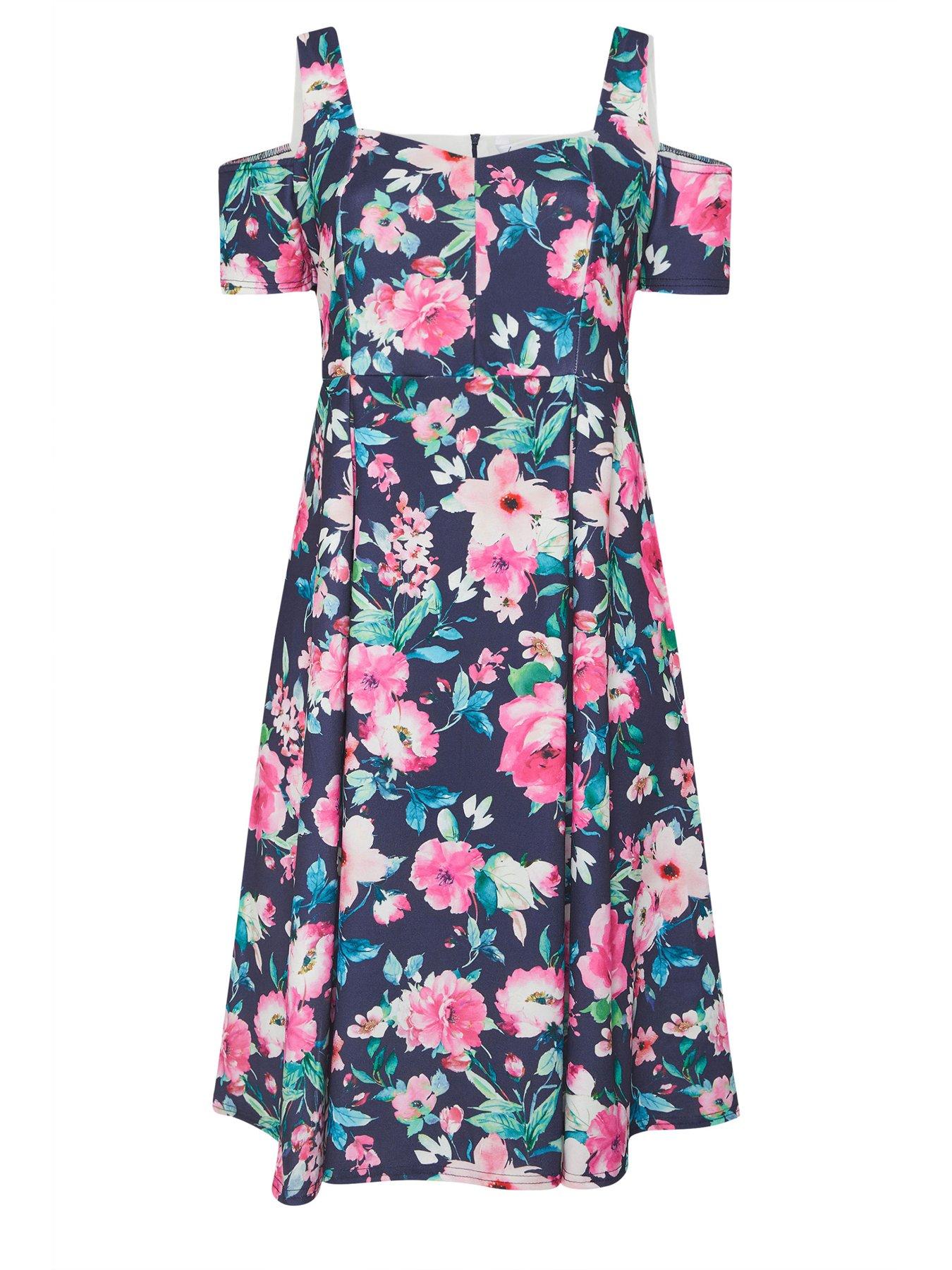 Image 5 of 5 of Yours Curve Floral Panel Skater Dress - Blue