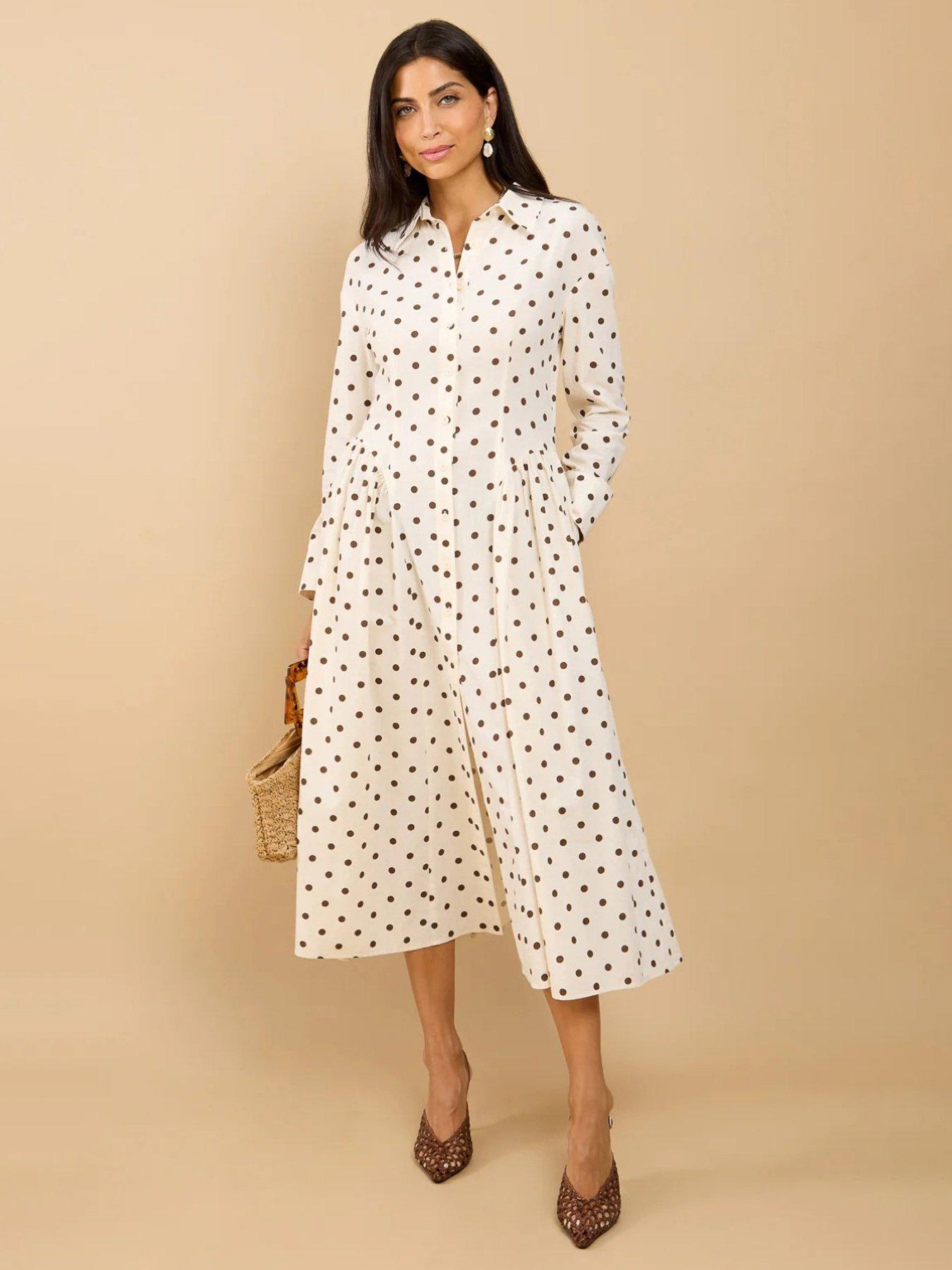 Little Mistress Polka Dot Midi Shirt Dress - Cream
