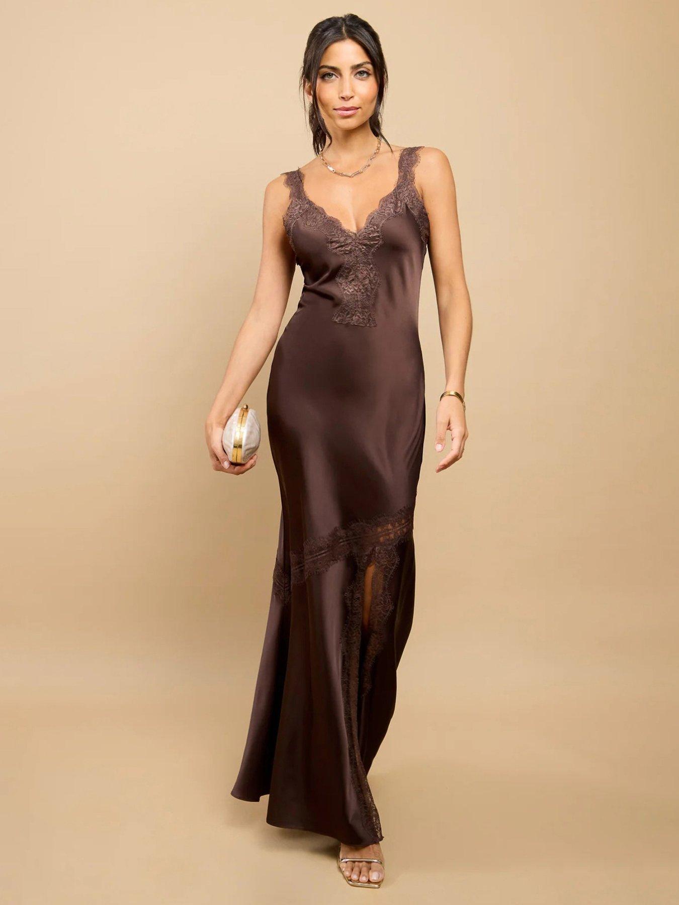 Little Mistress Brown Satin Lace Detail Maxi Dress