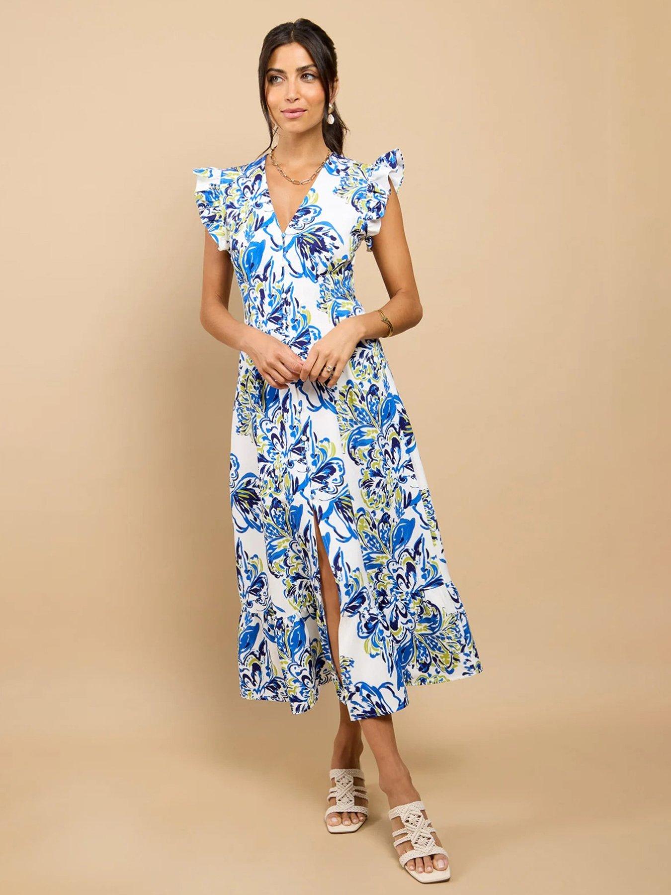 Image 1 of 4 of Little Mistress Blue Floral Print Button Down Midaxi Dress