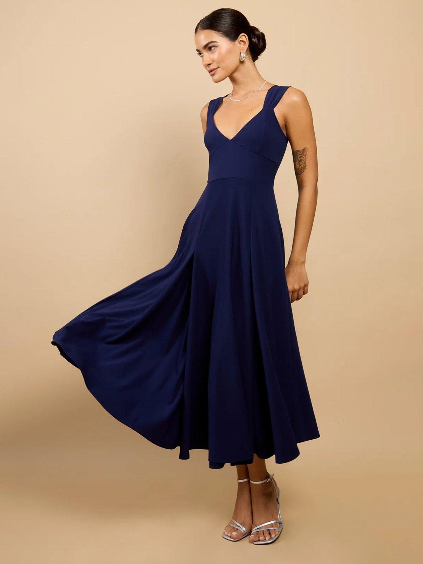 Image 1 of 4 of Little Mistress Navy Gathered Strap Midaxi Dress