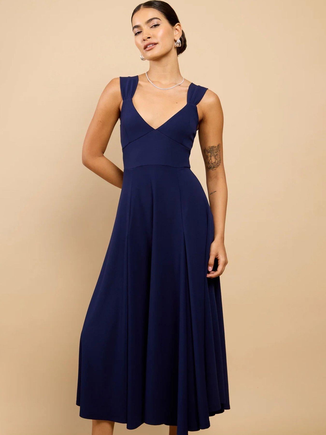 Image 3 of 4 of Little Mistress Navy Gathered Strap Midaxi Dress