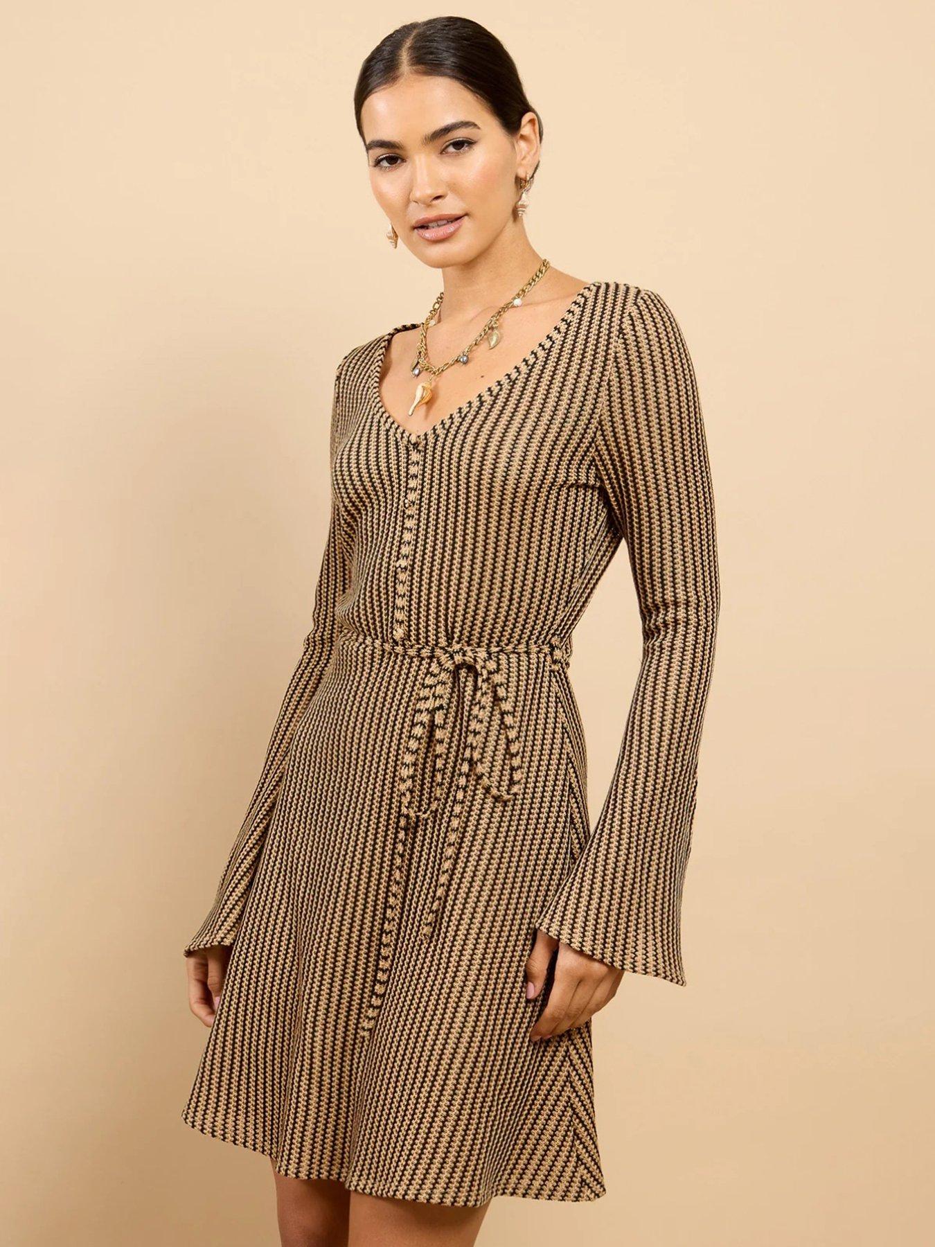 Image 5 of 5 of Little Mistress Stripe Knit Mini Dress - Brown