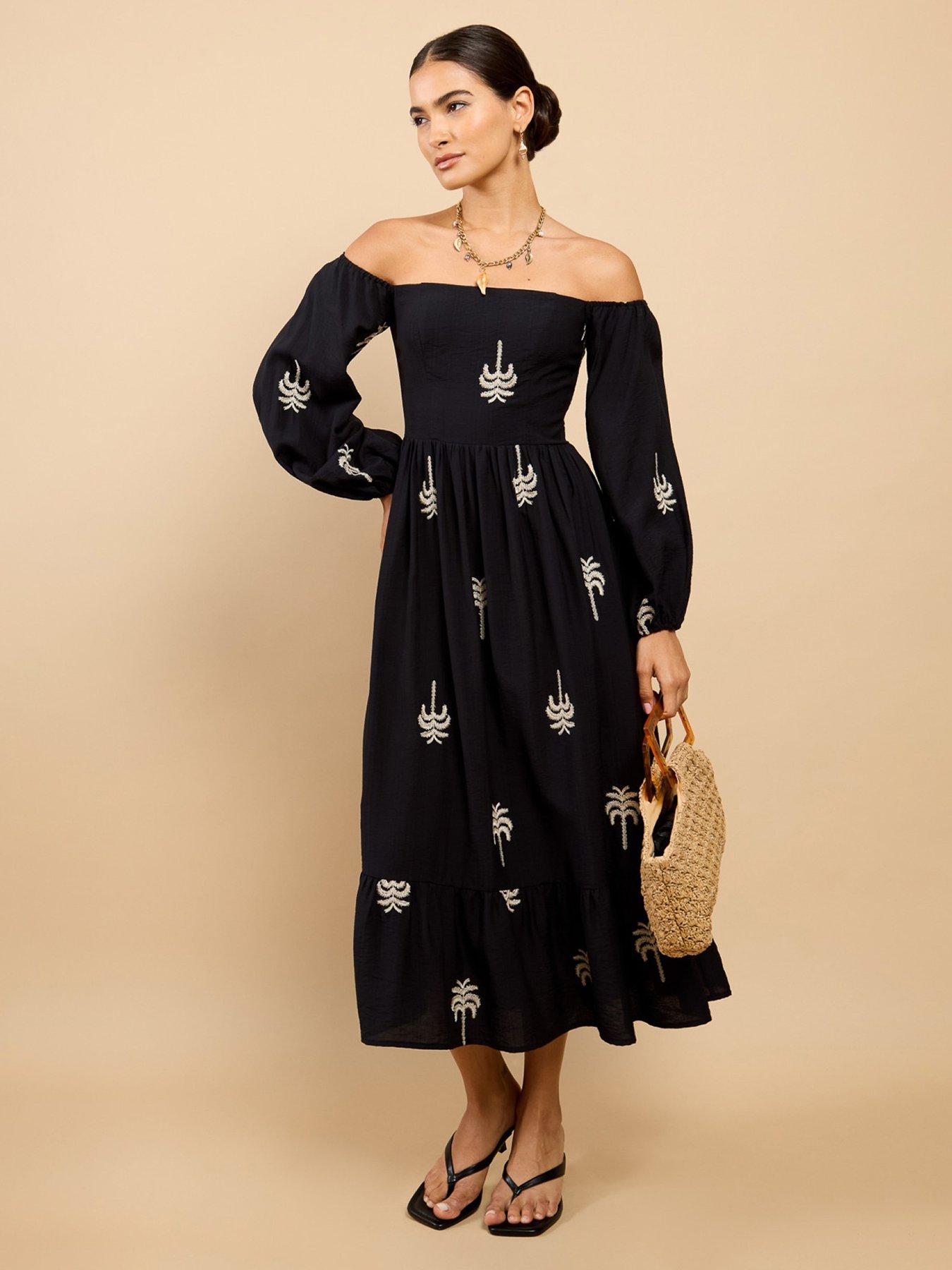 Little Mistress Black Embroidered Bardot Midaxi Dress