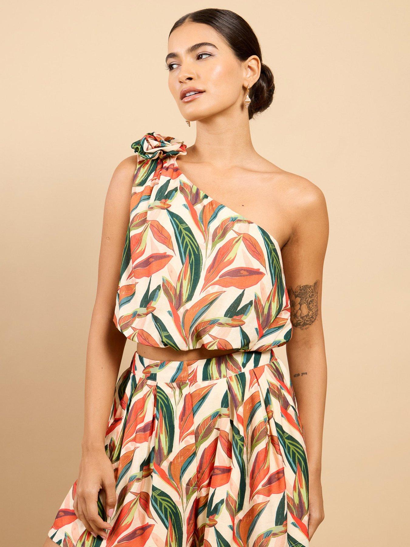 Little Mistress Nala Leaf Print One-shoulder Cropped Top Vicky Pattison Edit - Multi