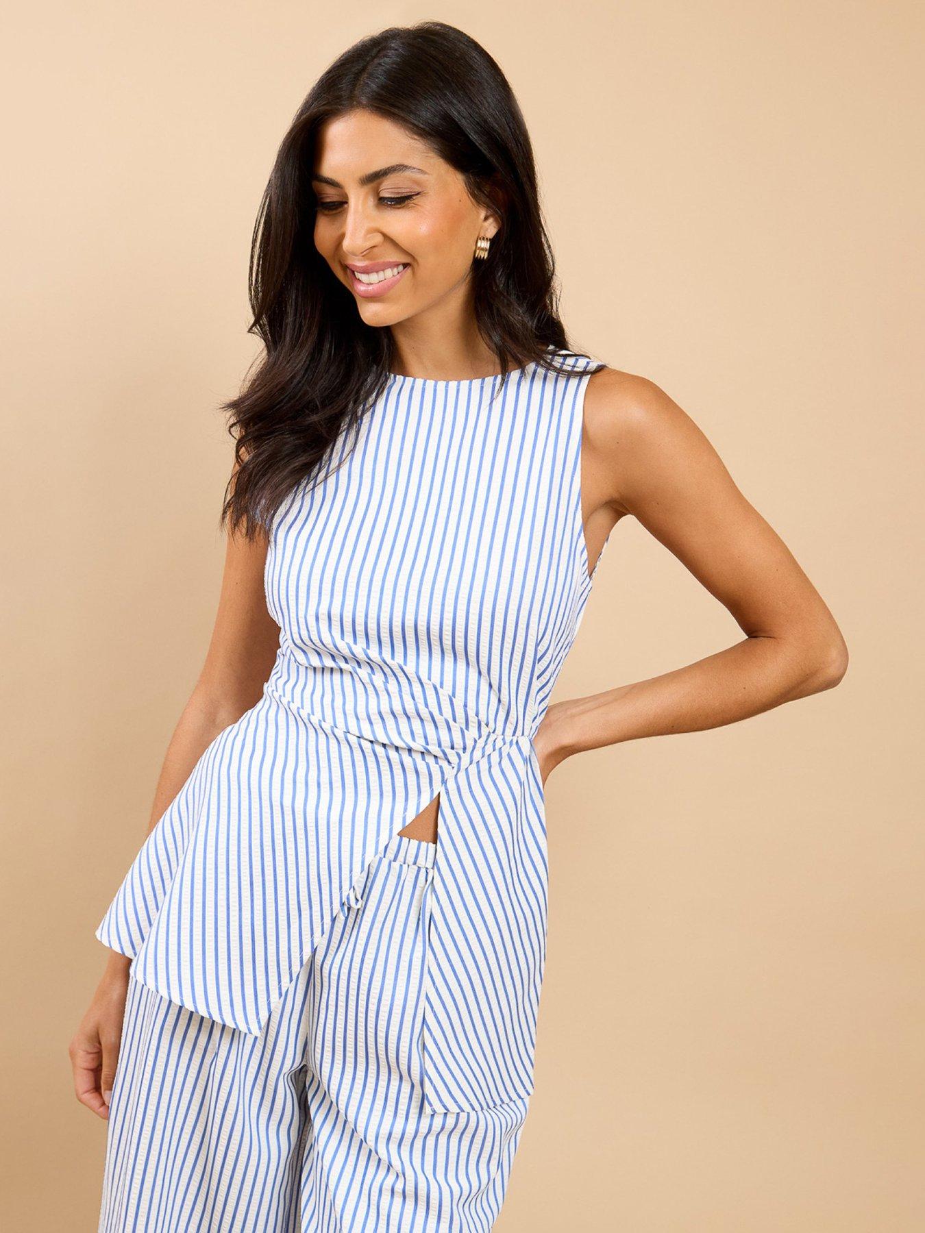 Image 1 of 5 of Little Mistress Blue Stripe Side Gather Co-ord Top