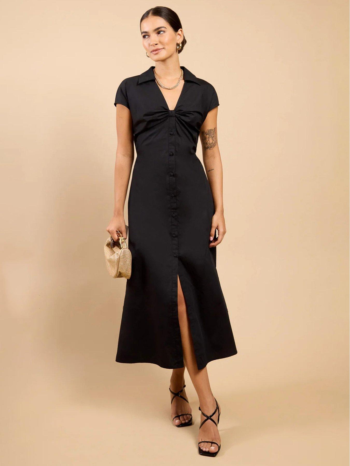 Little Mistress Black Gathered Detail Midaxi Shirt Dress