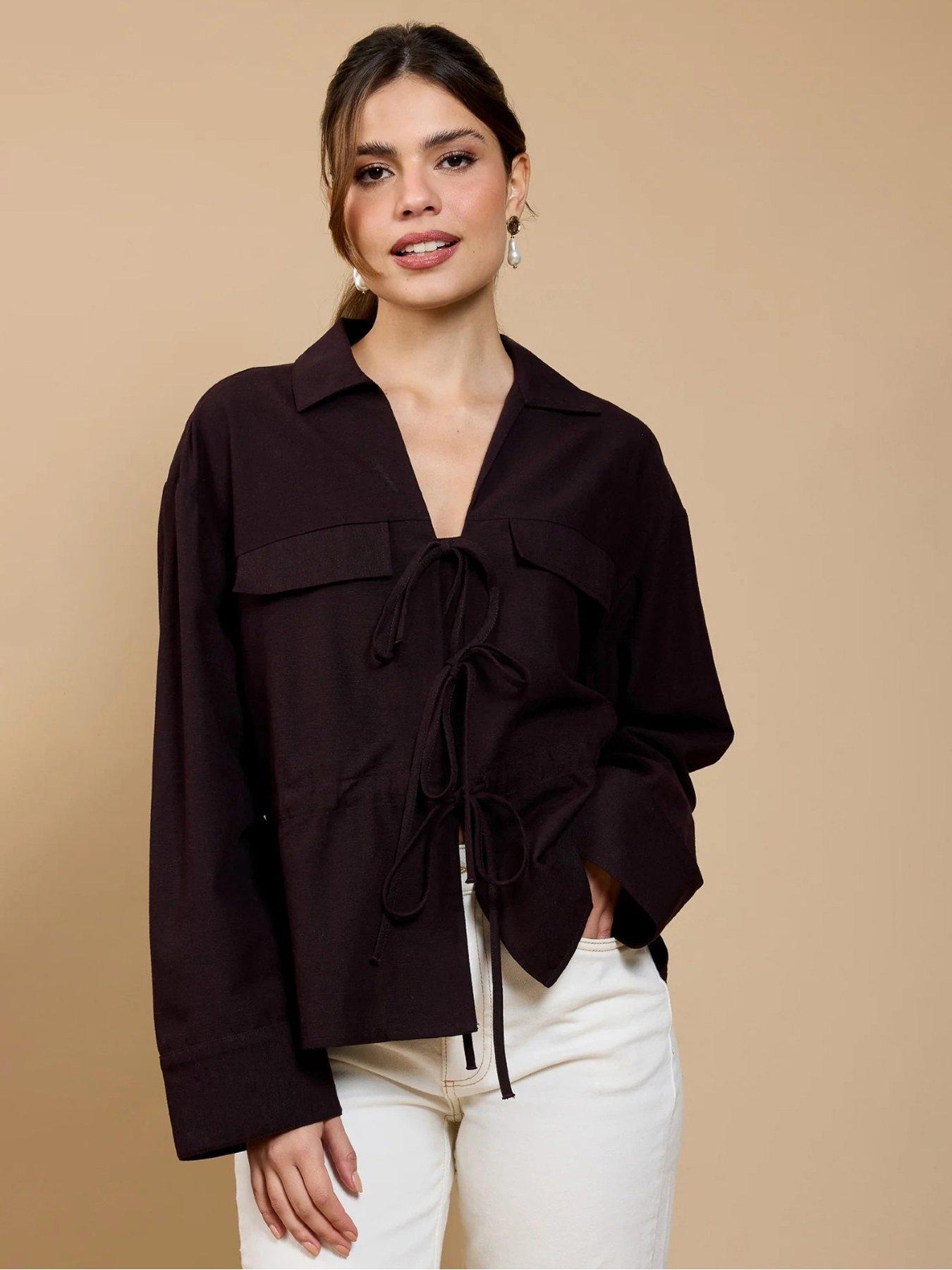 Little Mistress Tie Detail Blouse - Brown