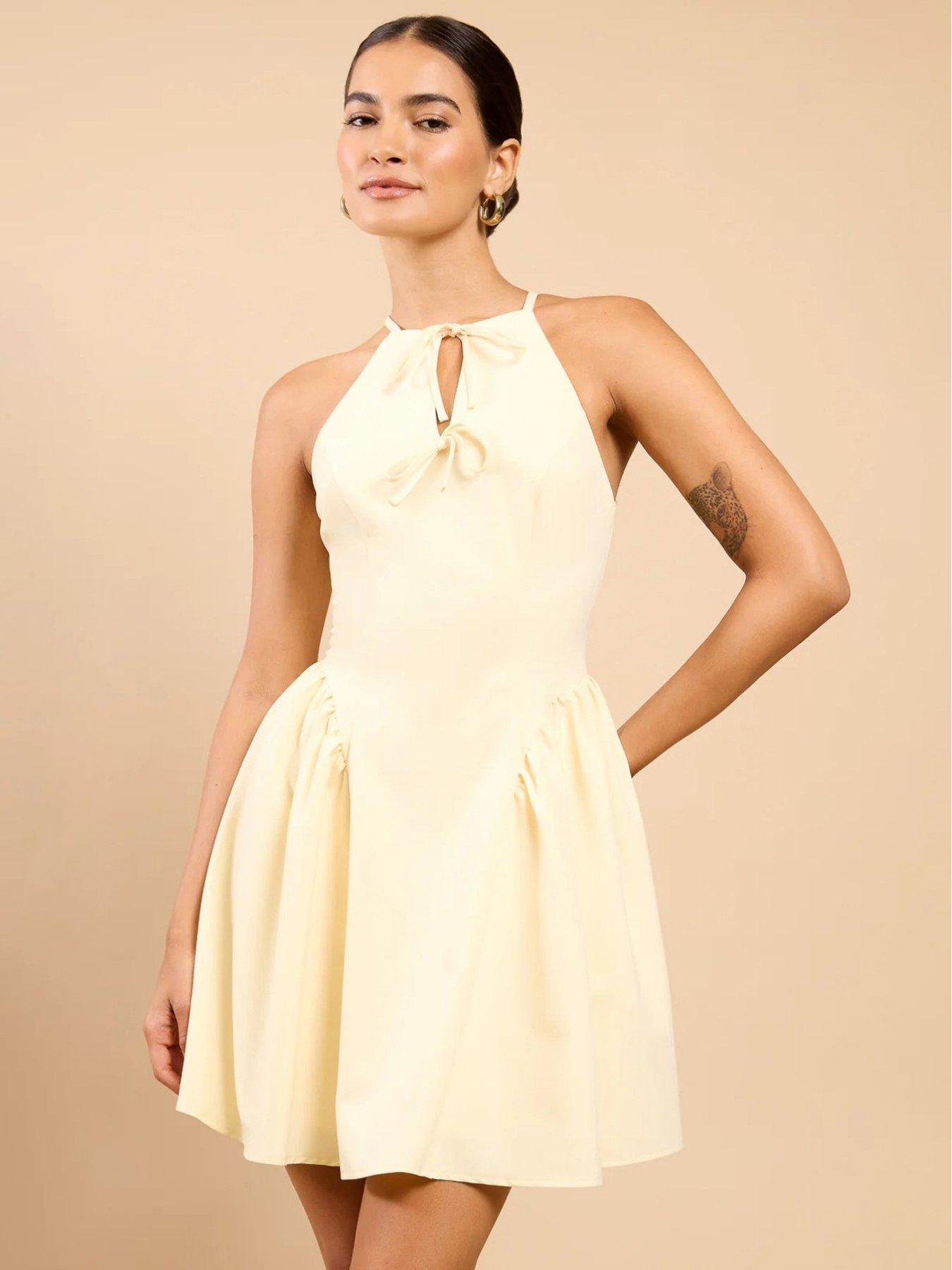 Image 3 of 4 of Little Mistress Tie Detail Mini Dress - Lemon