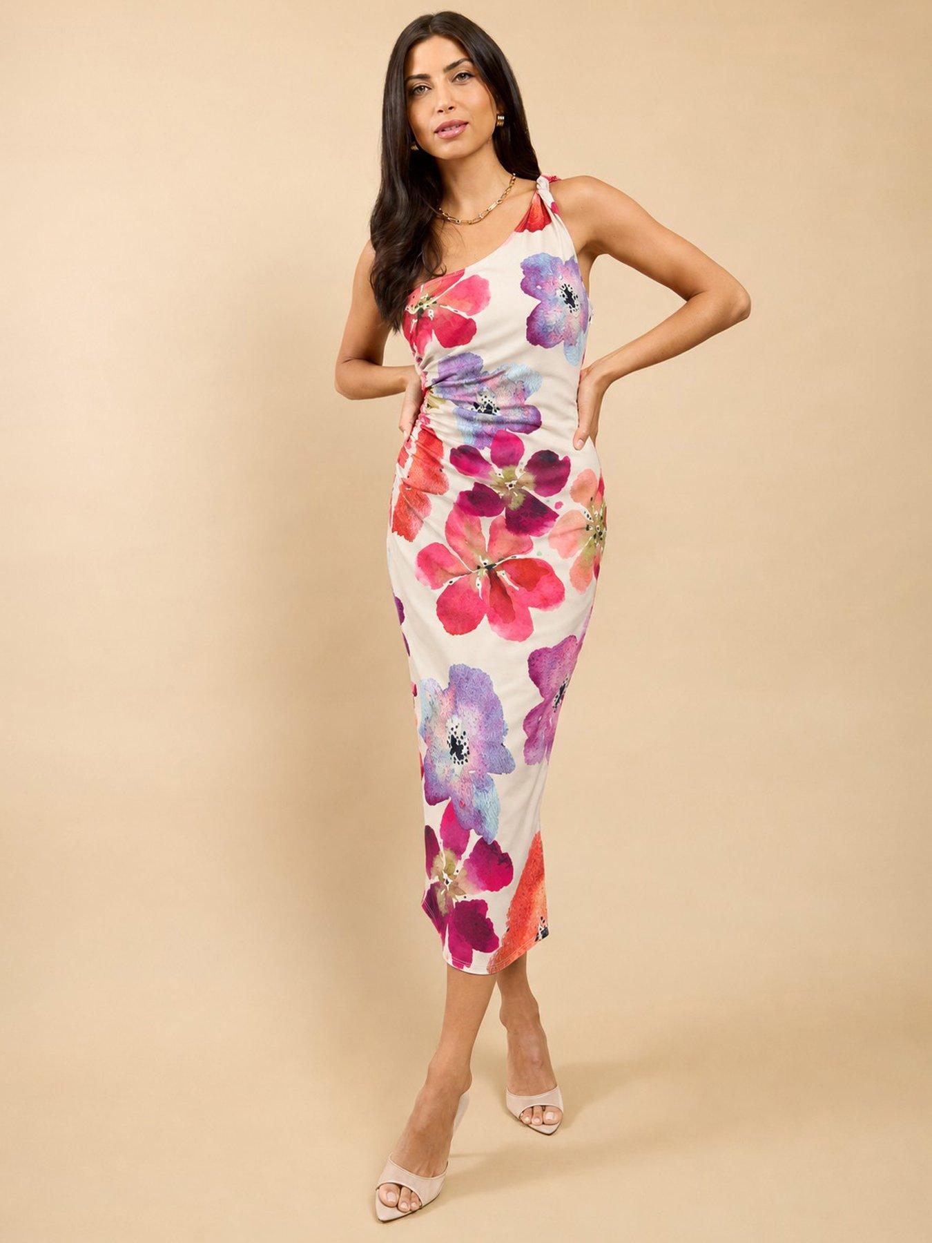 Little Mistress Floral Print One-shoulder Midaxi Dress