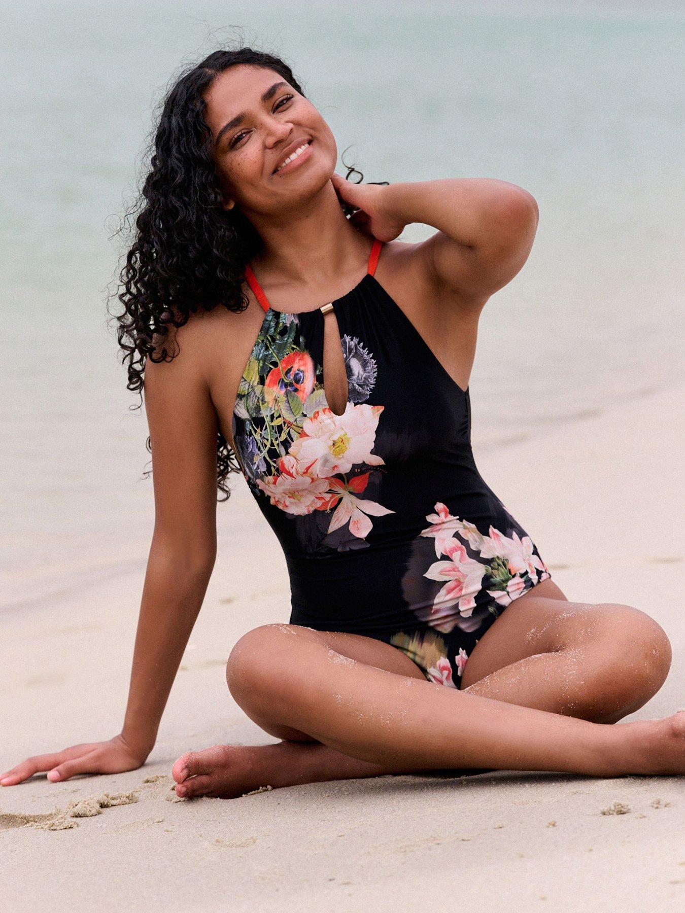 Image 3 of 6 of B By Ted Baker Koi Floral Halter Swimsuit - Black