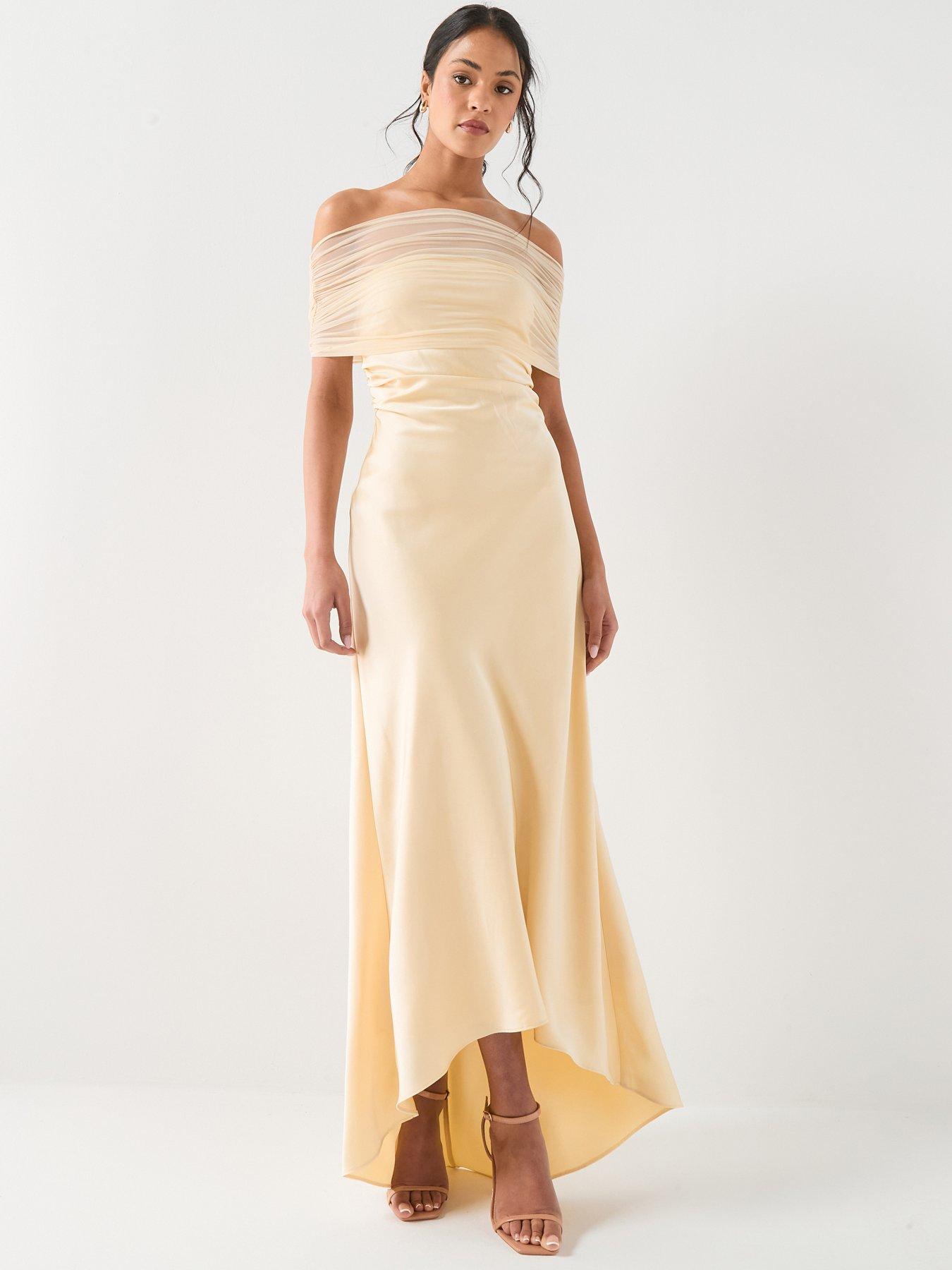Six Stories Bardot Satin Maxi Dress - Lemon Yellow