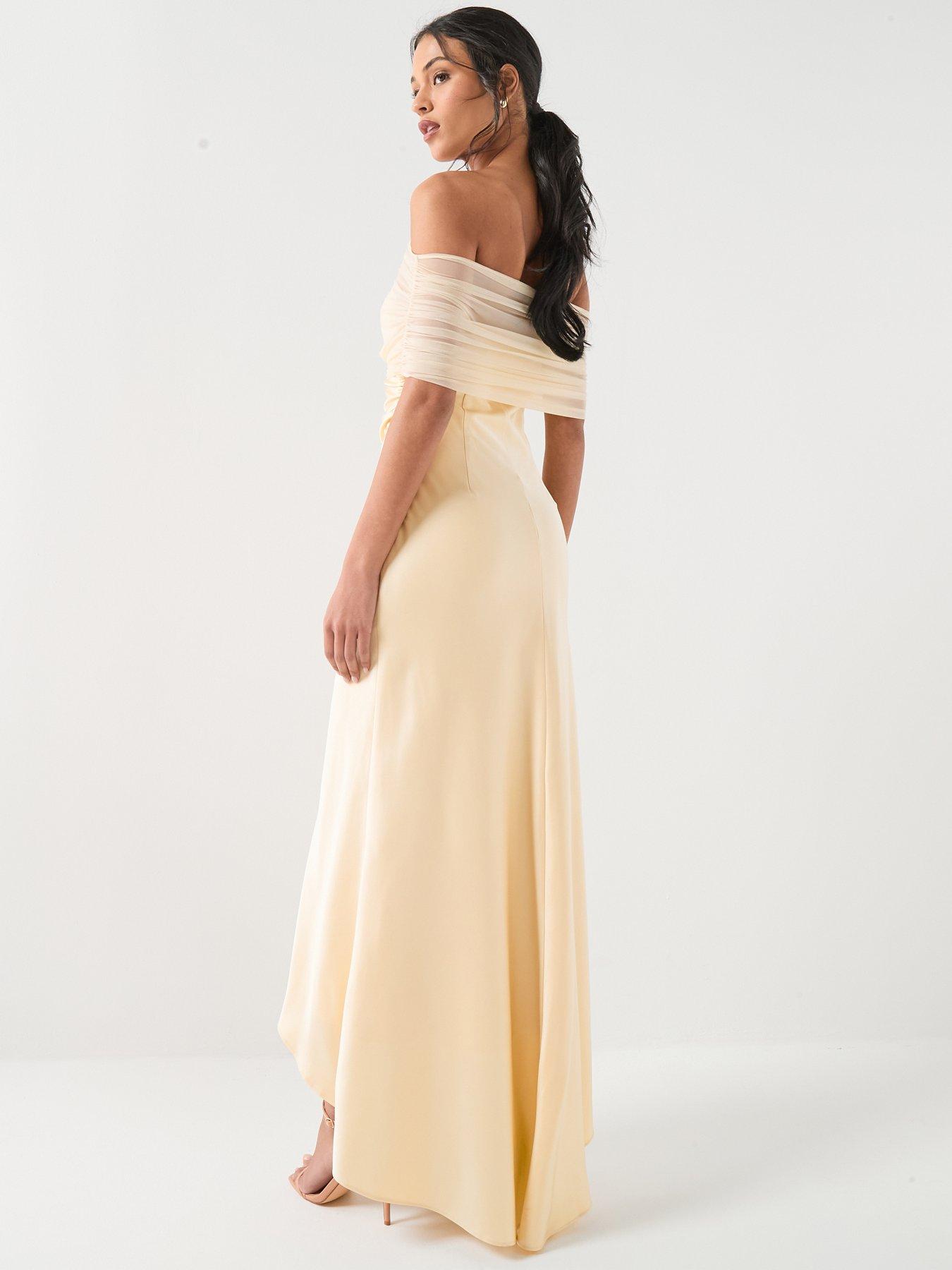Image 2 of 6 of Six Stories Bardot Satin Maxi Dress - Lemon Yellow