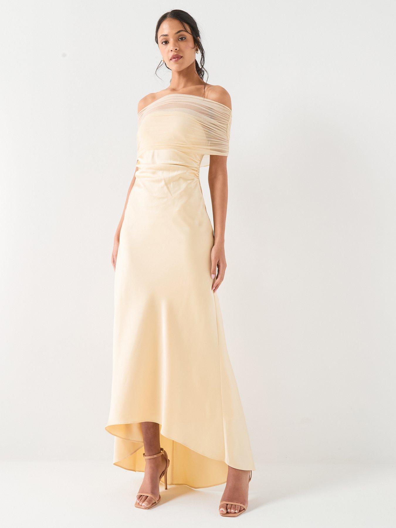 Image 3 of 6 of Six Stories Bardot Satin Maxi Dress - Lemon Yellow