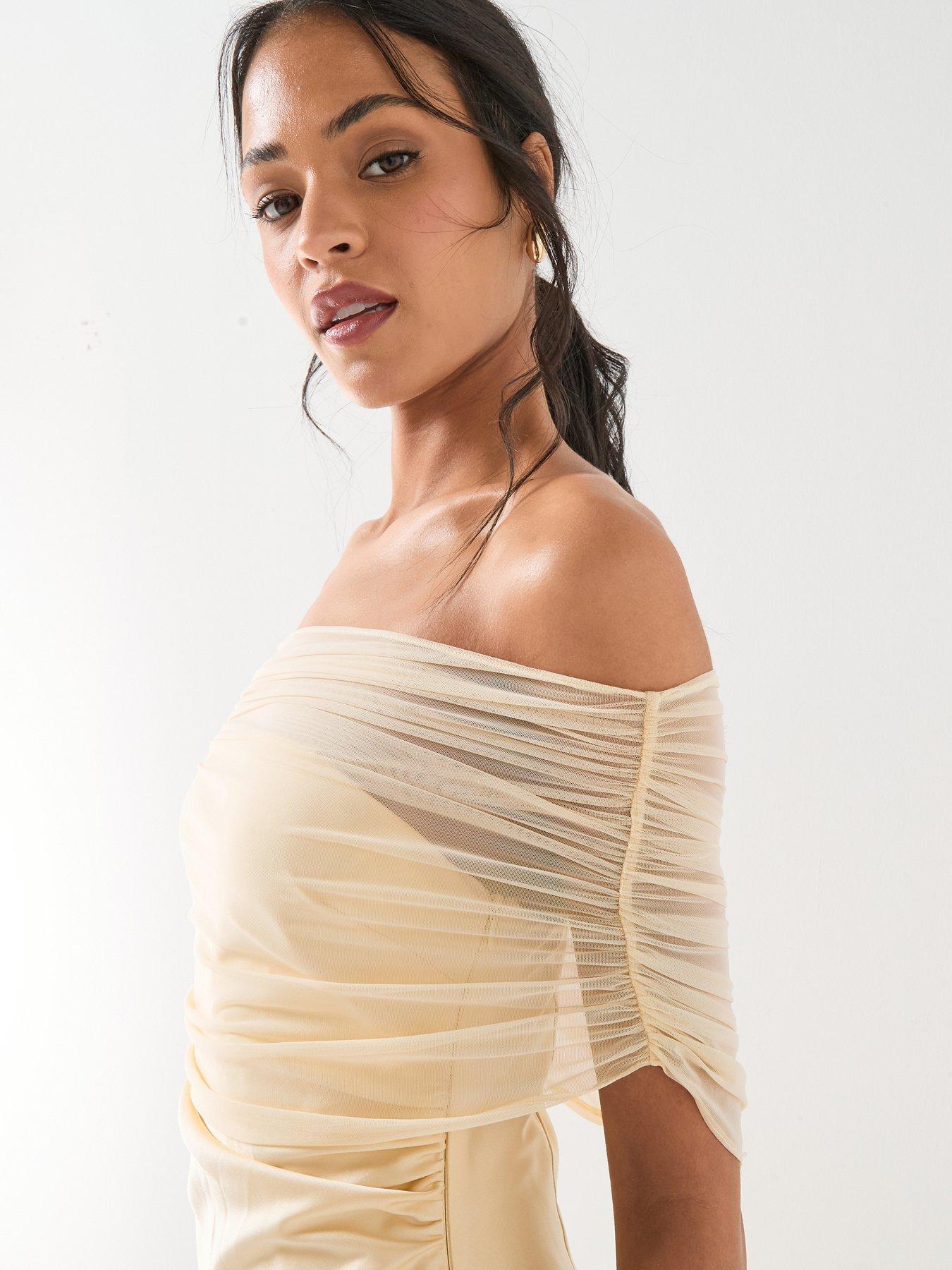 Image 4 of 6 of Six Stories Bardot Satin Maxi Dress - Lemon Yellow