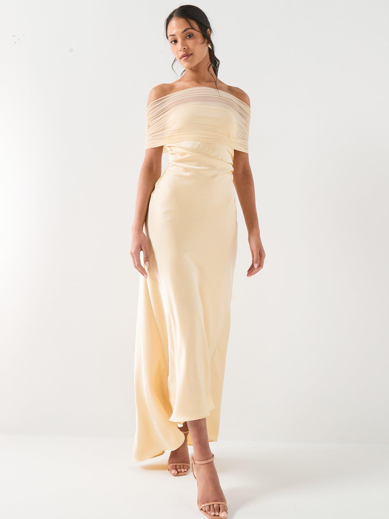 Image 5 of 6 of Six Stories Bardot Satin Maxi Dress - Lemon Yellow
