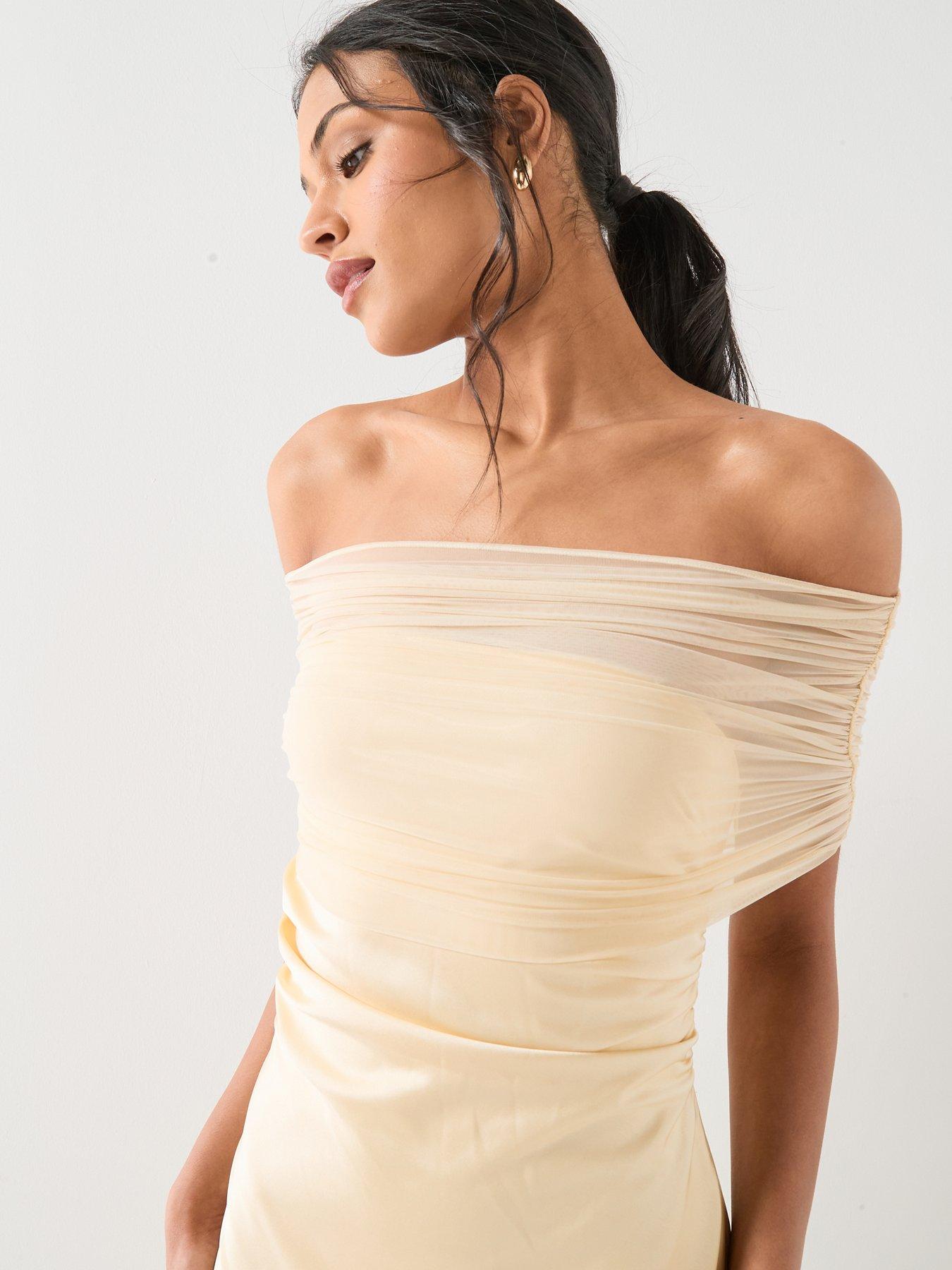 Image 6 of 6 of Six Stories Bardot Satin Maxi Dress - Lemon Yellow