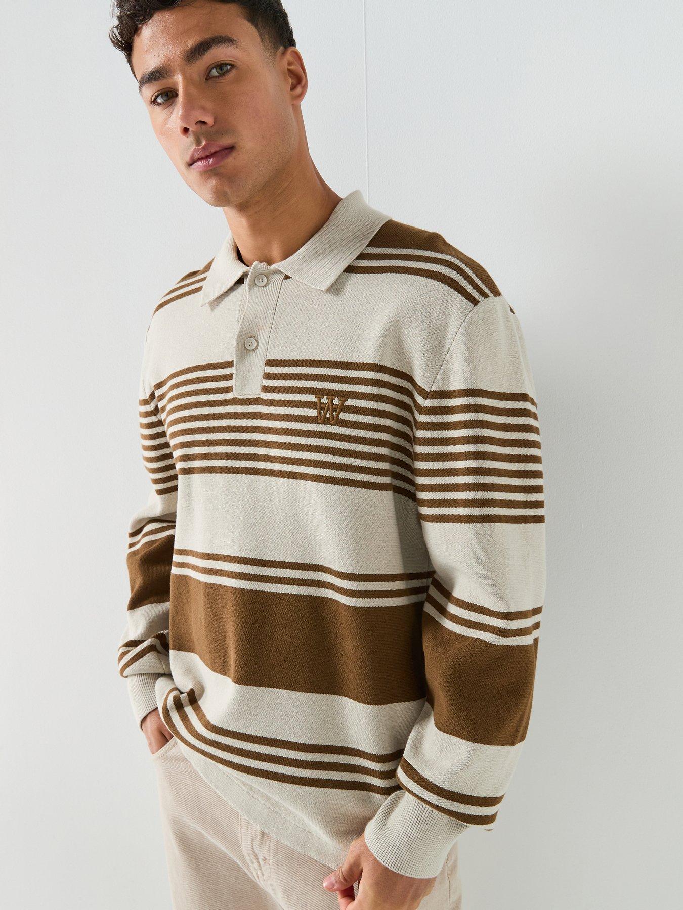 Double A by Wood Wood Curt Striped Long Sleeve Polo Shirt - Light Beige