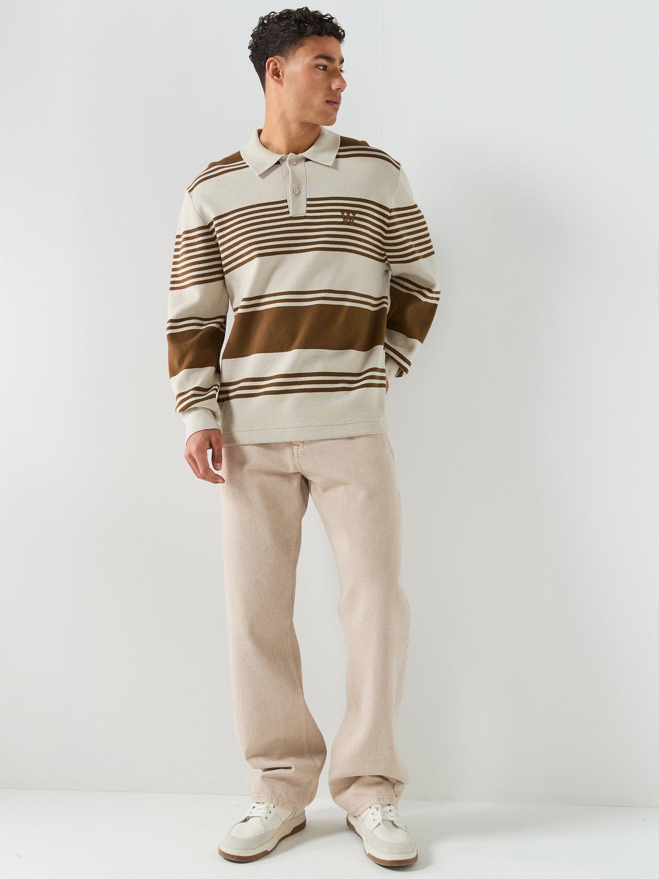 Image 3 of 4 of Double A by Wood Wood Curt Striped Long Sleeve Polo Shirt - Light Beige